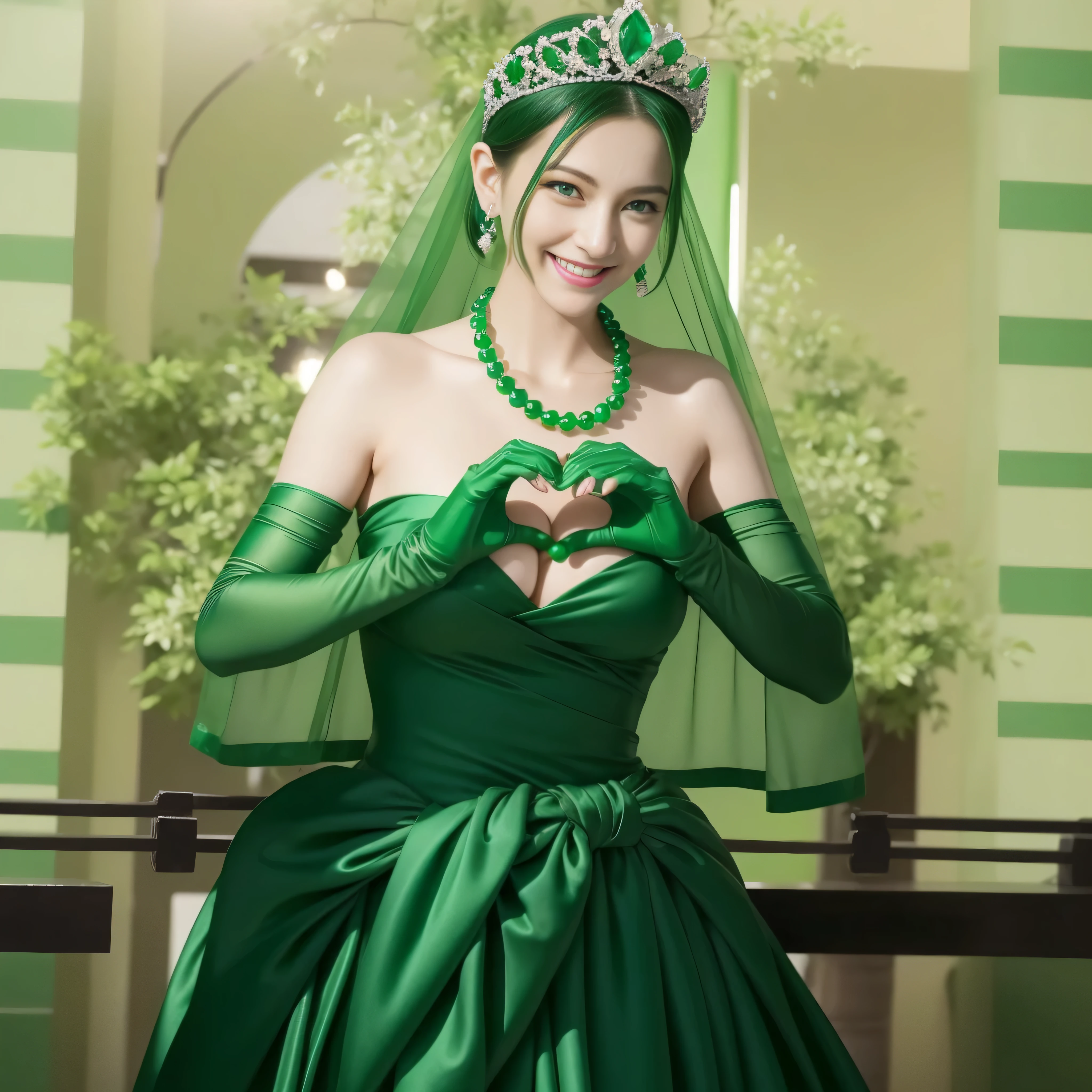 emerald tiara, green pearl necklace, Boyish black hair berry short, lipstick, Smiling Japan woman, very short hair, big breasts beautiful, green eyes, Green long gloves made of satin material, green eyes, emerald earrings, Green Valley, Heart with both hands