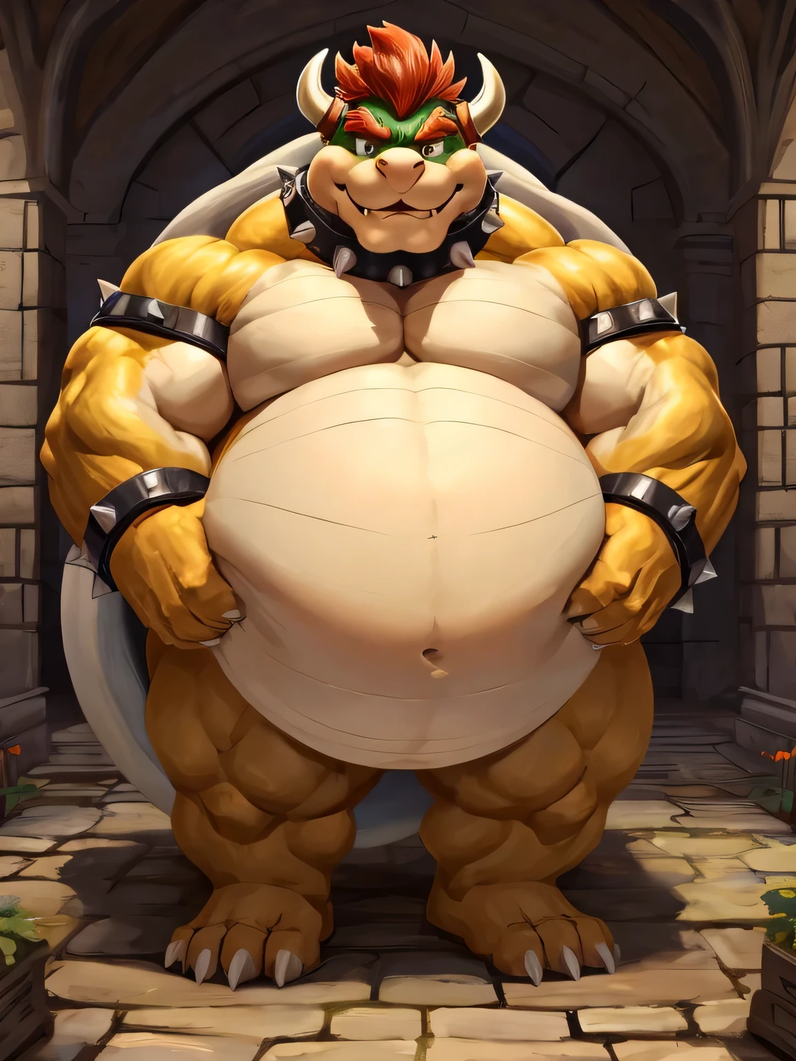 Bowser、muscle-gut, Giant Monsterountain of fat、The body is buried due to fat、The stomach is triangular、Extreme obesity、very thick fat、my stomach touches the ground、Stomach like a giant balance ball、Saggy belly, detailed eyes, Sharp Claws, Thick animal-like legs、Cheeks that store fat, thick arms、huge torso、thick neck、fat neck、legs buried in fat, thick twisted corners, at the castle