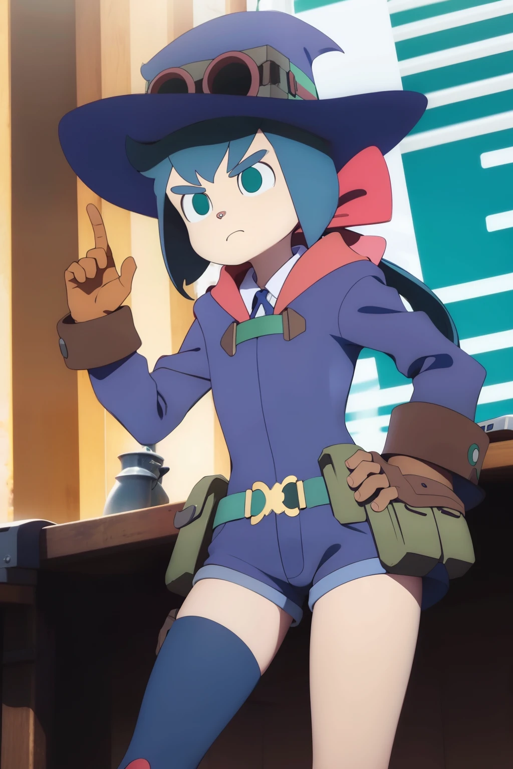 (best quality, top quality), masterpiece, best quality, 1girl, solo, bow, red bow,  blue hair, hair bow, long hair, green eyes, luna nova , ponytail, gloves, closed mouth, hat, witch hat, shirt, long sleeves, brown gloves, goggles on head, green eyes, bangs, belt, boots, shortstack, full body,