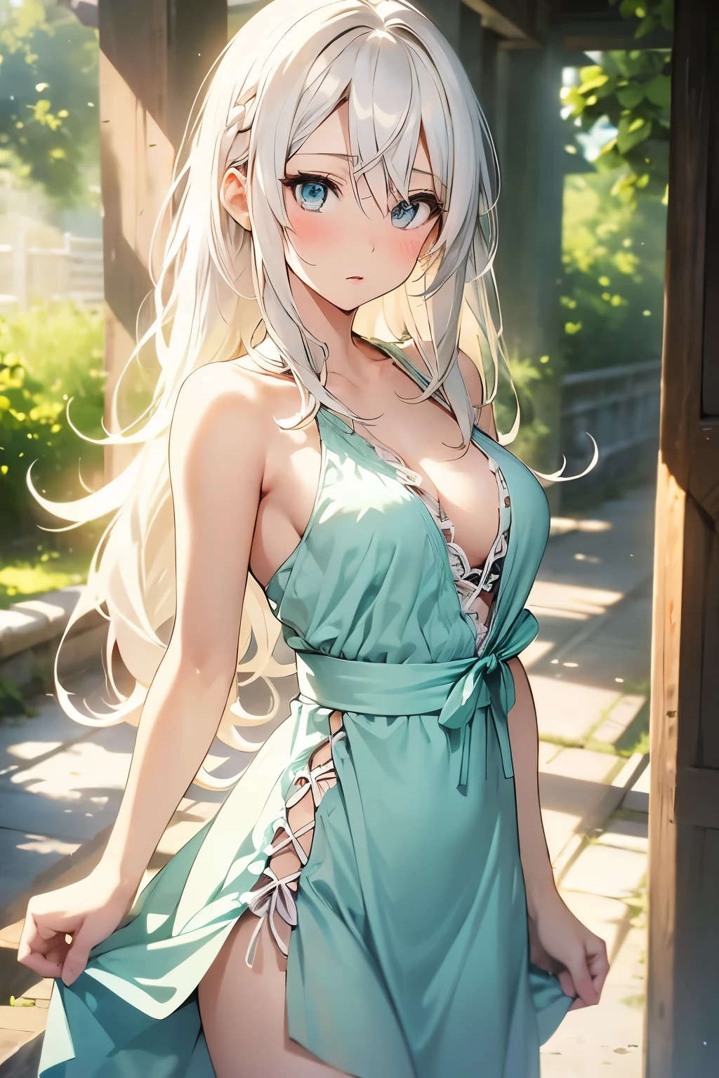 Anime style, Film Portrait Photography, 1girl in, 30-years old, full bodyesbian, smaller breasts, A sexy, blonde almost white hair, Longhaire, mint colored eyes, Wearing an angelic dress, (Natural skin texture Vibrant details, hyper realisitic,