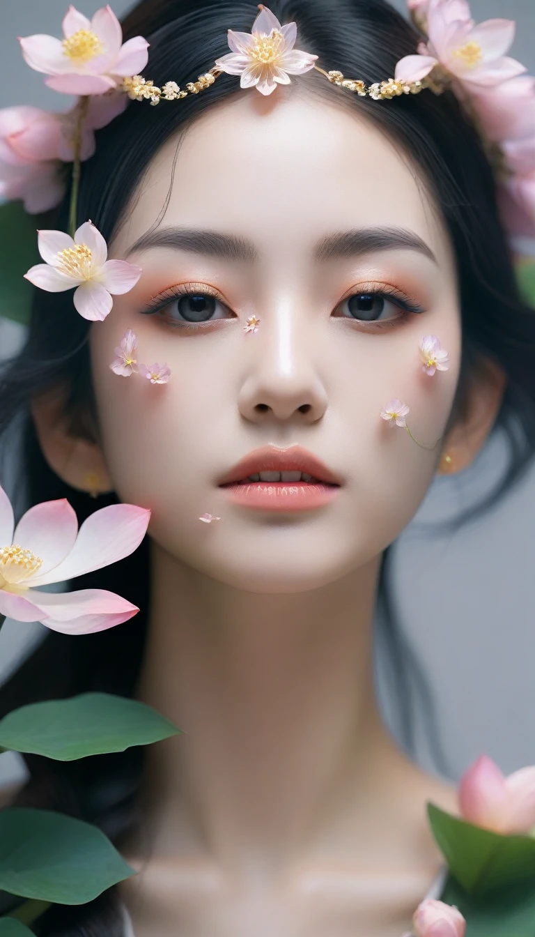 a close up of a woman with flowers in her hair, flowers covering eyes, flower mask, girl with a flower face, flower goddess, flower face, made of flowers, lotus floral crown girl, girl with a flower head, 🌺 cgsociety, flower head, facemask made of flowers, artwork in the style of guweiz, guweiz