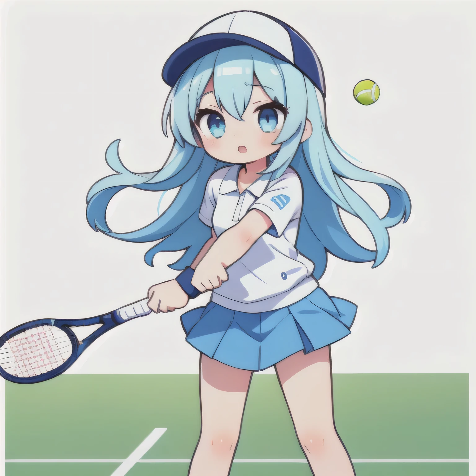 1 girl, Big eyes, long eyelashes,Olive eyes, During a tennis match, light blue long hair, no background, tennis cap