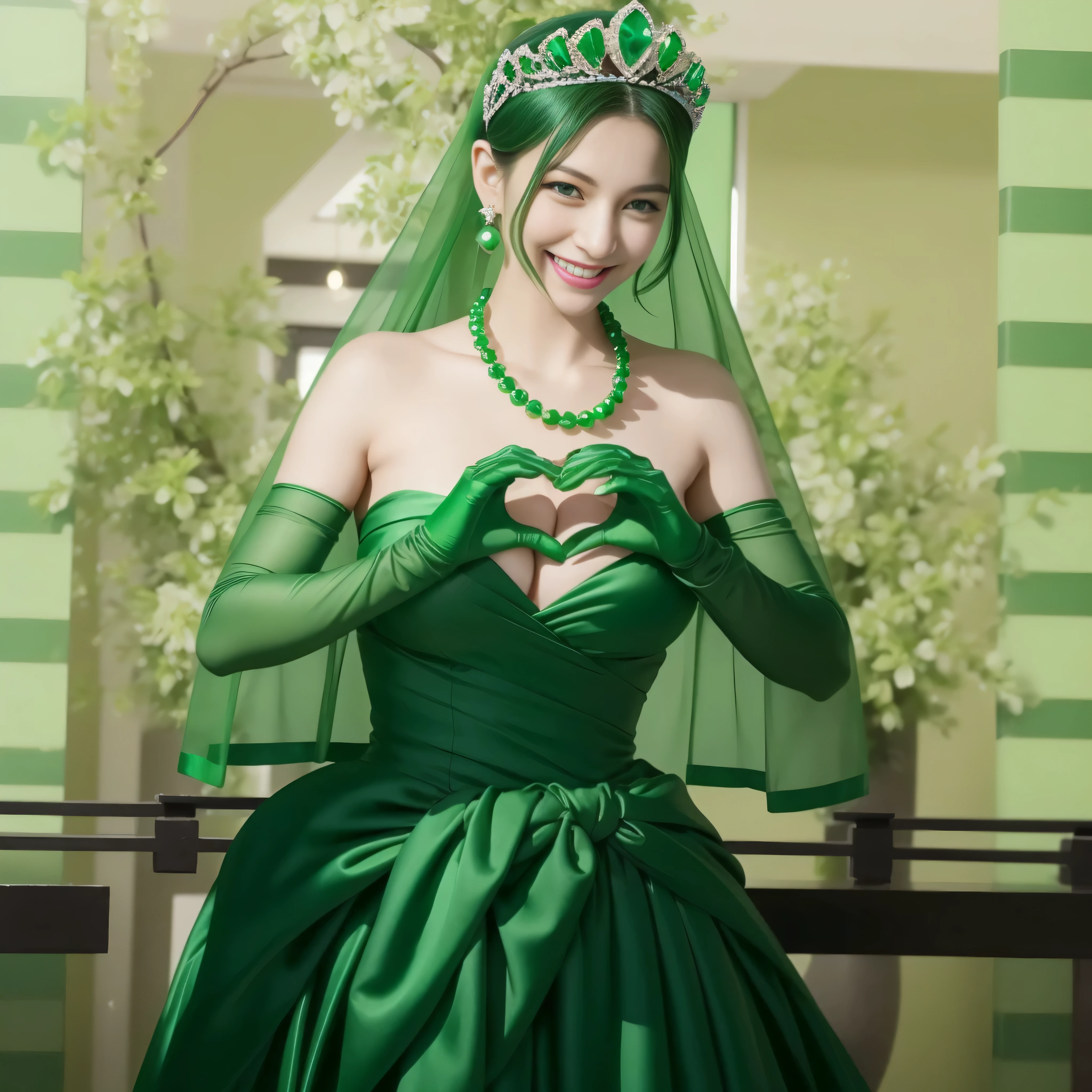 emerald tiara, green pearl necklace, Boyish black hair berry short, lipstick, Smiling Japan woman, very short hair, big breasts beautiful, green eyes, Green long gloves made of satin material, green eyes, emerald earrings, Green Valley, Heart with both hands