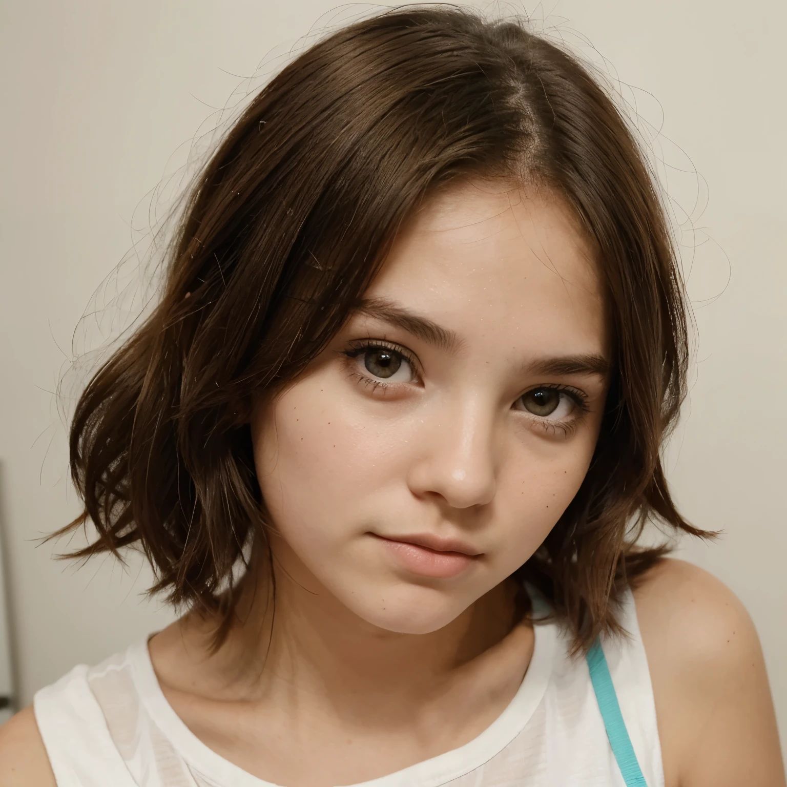 Create a pretty girl who looks 15 years old, una foto solo de su cara, que tenga el cabellos corto, hasta el hombro y sea de piel blanca