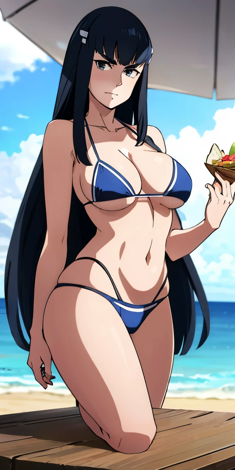 Satsuki Kiryuin en bikini y sombrero sentada en una mesa con comida., elegant bikini, bikini con tirantes, bikini blanco, con sombrero, con sombrero de paja, rutina de bikini, cautivador y tentador, dama seductora, hermosa modelo de bikini, chica sexy, wearing a bikini blanco, hermosa mujer, lindo bikini, blue bikini, medio rosa, ekaterina, hermosa dama