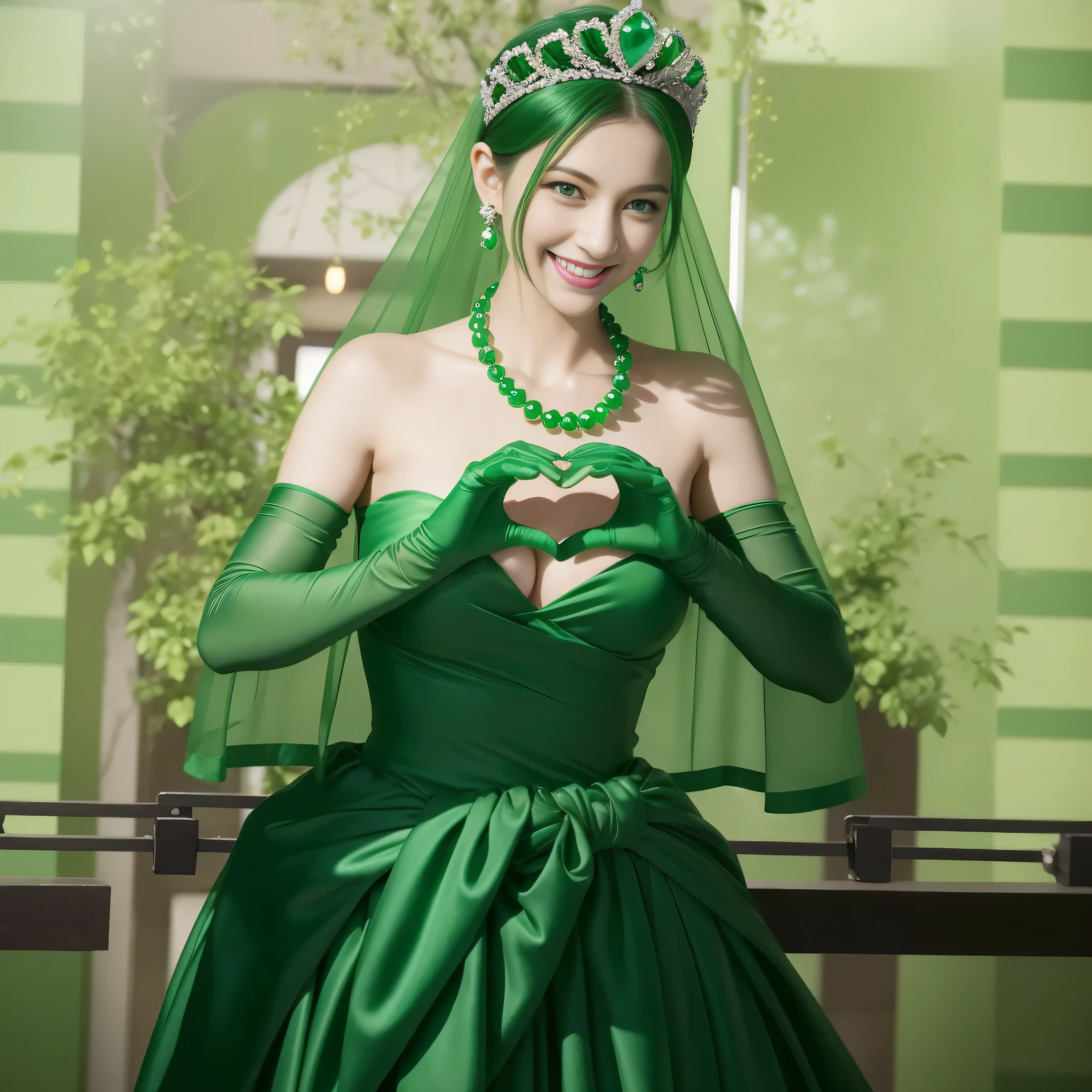 emerald tiara, green pearl necklace, Boyish black hair berry short, lipstick, Smiling Japan woman, very short hair,  big breasts beautiful, green eyes, Green long gloves made of satin material, green eyes, emerald earrings, Green Valley, Heart with both hands