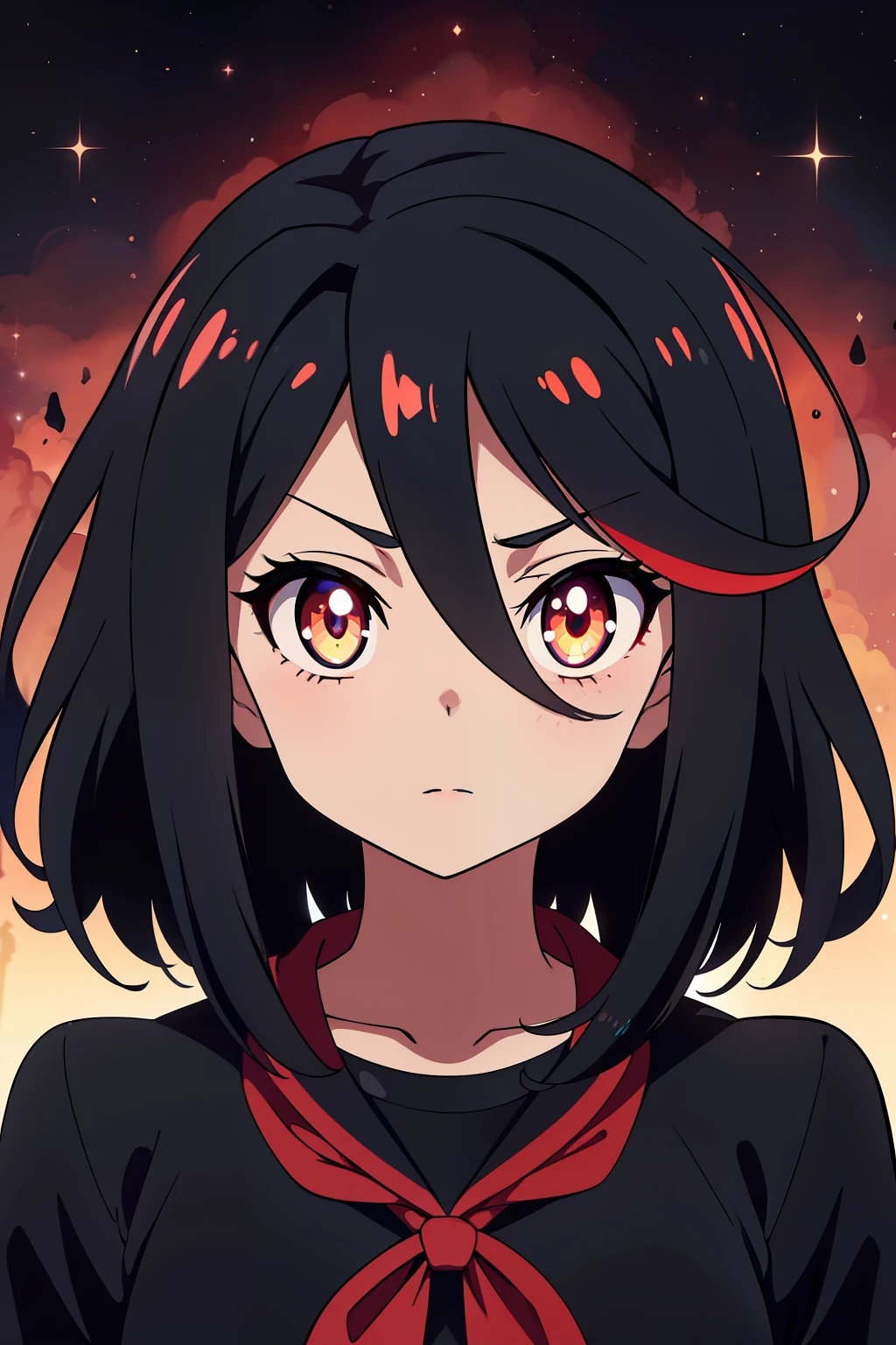 (high-quality, breathtaking),(expressive eyes, perfect face) 1girl, female, solo, kid age, age 7, black color hair, red highlight in hair, celestial skin, dark celestial skin body, void cosmic body, jet black skin, red eye color, short hair length, fluffy spiky hair, black short sleeved shirt, Symmetrical Eyes, childlike face, portrait, positive expression, grey background, hairstyle Ryuko Matoi, height 4", narrow eyes