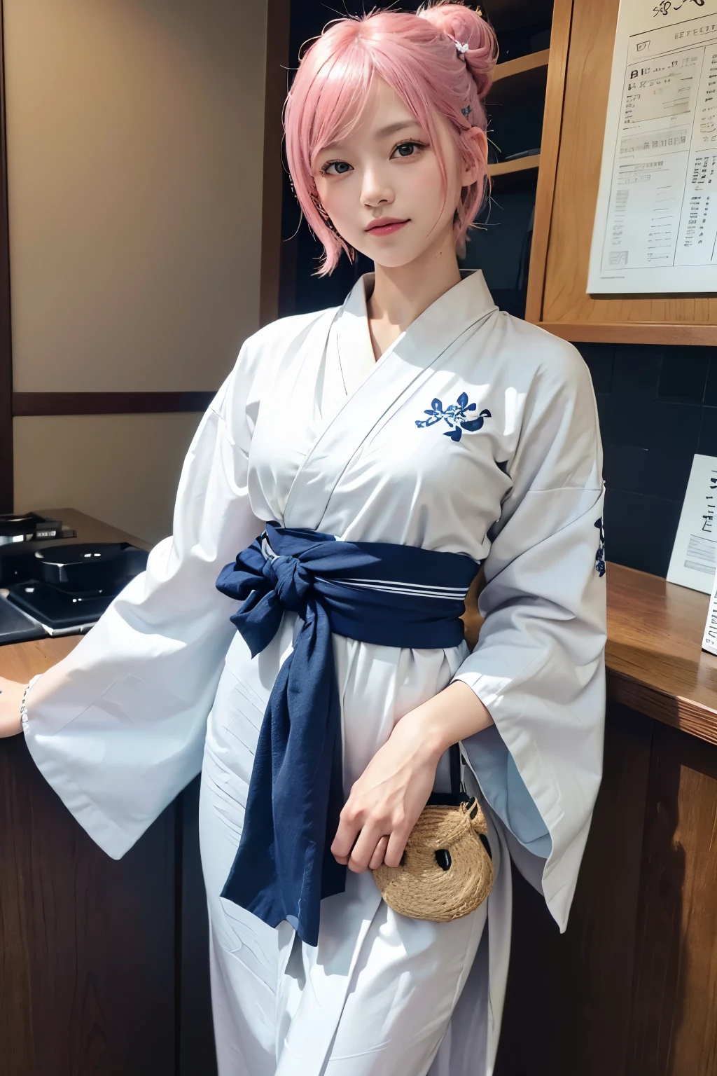 (8K, highest quality, masterpiece:1,2), (realistic, Photoreal:1.37), Super detailed, one girl,), (very detailed), (detailed and beautiful eyes), (highest qualityの), (Super detailed ), (masterpiece), (detailed face),20-year-old, ,1 girl, ((pink hair,very short hair)), medium breasts, dressed, perfect lighting, break (navy blue haori:1.3), (white collar:1.2), (three quarter sleeves:1.2), (white kimono:1.4), (nature motif pattern:1.2), (navy blue hakama:1.3), (Ankle length:1.2), (The hem is not too wide either、:1.2), (white obi:1.4), (simple knot:1.2), (white foot bag:1.2), (Black geta:1.2), (low height:1.2), (Easy to walk:1.2), (bun hair:1.2), (hair ornaments:1.2), (flowers and pieces of paper:1.2), break bun hair, flowers and pieces of paper hair ornaments, smile, friendly, looking at camera, hold soba with right hand, Holding chopsticks with left hand, Please do not put soup on the soba., In front of the soba shop counter, Wall with menu and photos, Natural light, Adding soft shadows to the face