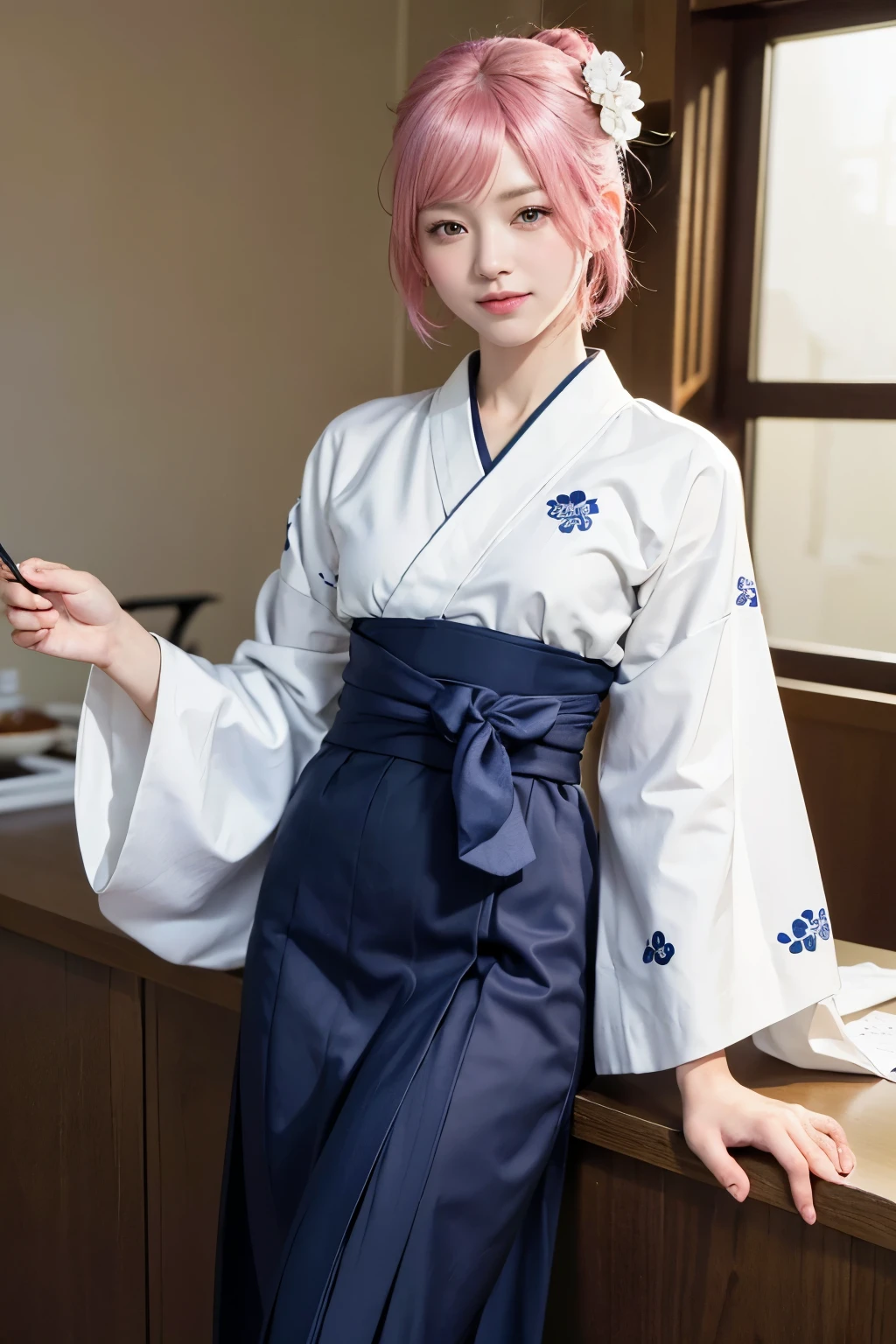 (8K, highest quality, masterpiece:1,2), (realistic, Photoreal:1.37), Super detailed, one girl,), (very detailed), (detailed and beautiful eyes), (highest qualityの), (Super detailed ), (masterpiece), (detailed face),20-year-old, ,1 girl, ((pink hair,very short hair)), medium breasts, dressed, perfect lighting, break (navy blue haori:1.3), (white collar:1.2), (three quarter sleeves:1.2), (white kimono:1.4), (nature motif pattern:1.2), (navy blue hakama:1.3), (Ankle length:1.2), (The hem is not too wide either、:1.2), (white obi:1.4), (simple knot:1.2), (white foot bag:1.2), (Black geta:1.2), (low height:1.2), (Easy to walk:1.2), (bun hair:1.2), (hair ornaments:1.2), (flowers and pieces of paper:1.2), break bun hair, flowers and pieces of paper hair ornaments, smile, friendly, looking at camera, hold soba with right hand, Holding chopsticks with left hand, Please do not put soup on the soba., In front of the soba shop counter, Wall with menu and photos, Natural light, Adding soft shadows to the face