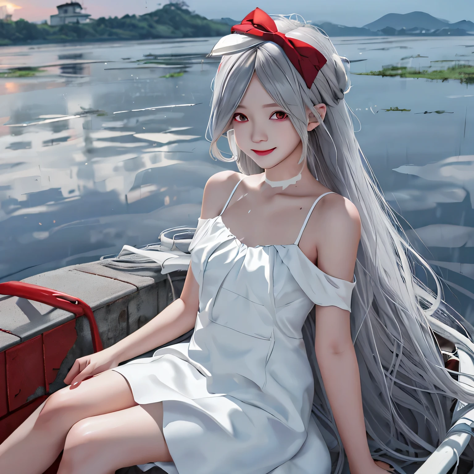 sinestrea, 1girl, grey hair, bare shoulders, sleeveless white dress, frown hair bow, hair over one eye, one eye covered, long hair, medium breasts, red bow, red eyes, smile, ((raining)), sunset, sky, cloud, sitting, looking at viewer, reflection, (from above:0.8), water surface,