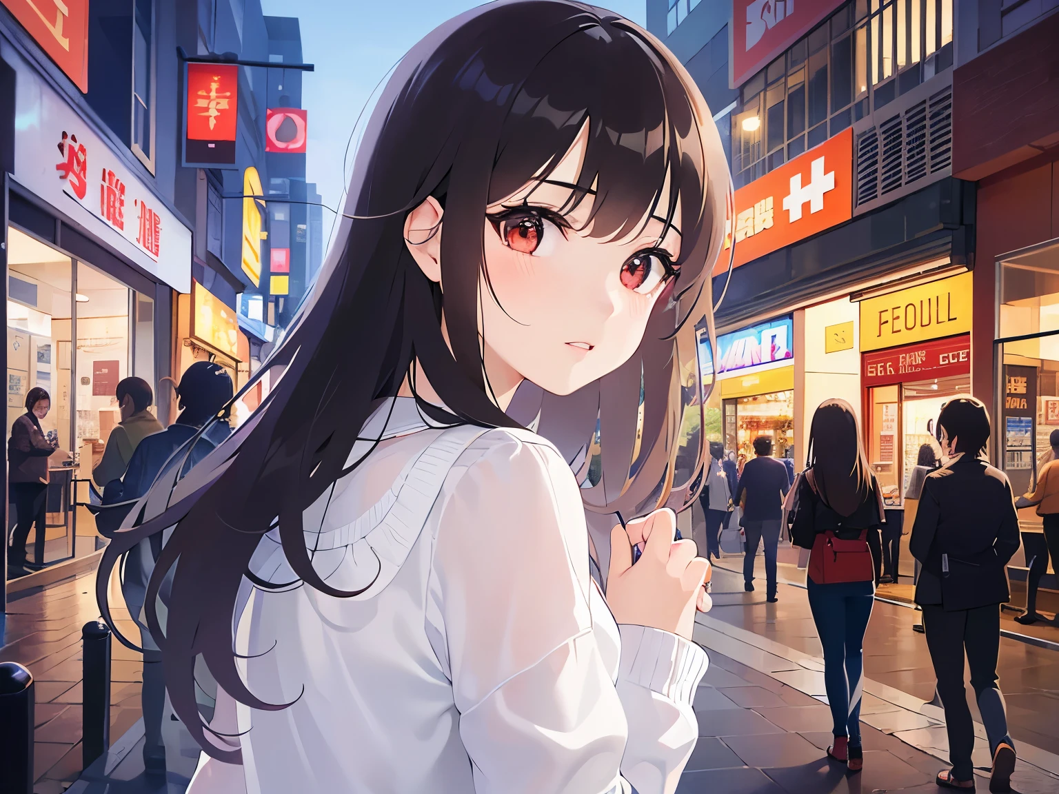 looking back, Upper Body, Realistic, real person, (pale skin: 1.2), RAW photo, photorealistic, portrait photography, shiny skin, japanese idol、shiny hair、(25 year old woman with medium hair with bangs) and (wavy hair) and (brown hair) and (orange eyes) , plain white t-shirt 、sad, (tears:1.1), The background is a shopping street at night、Alone、Are standing
