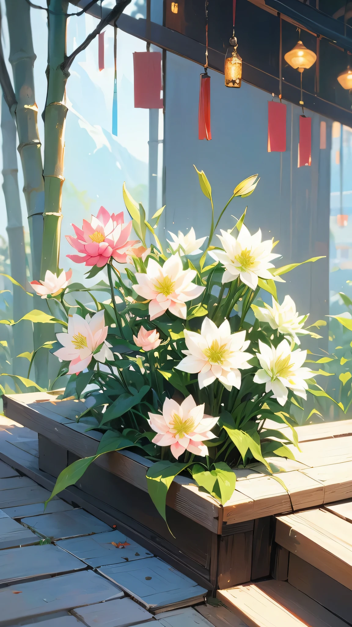 Chinese painting,flowers, foliage, lily_\ (flowers\), plant, potted plant, palm trees, white flowers, branch, pink flowers, lotus flowers, bamboo, valley lily, trees, floral background, non-human, daisy