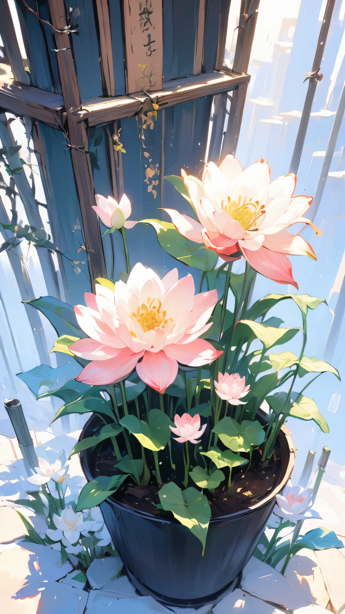 Chinese painting,flowers, foliage, lily_\ (flowers\), plant, potted plant, palm trees, white flowers, branch, pink flowers, lotus flowers, bamboo, valley lily, trees, floral background, non-human, daisy
