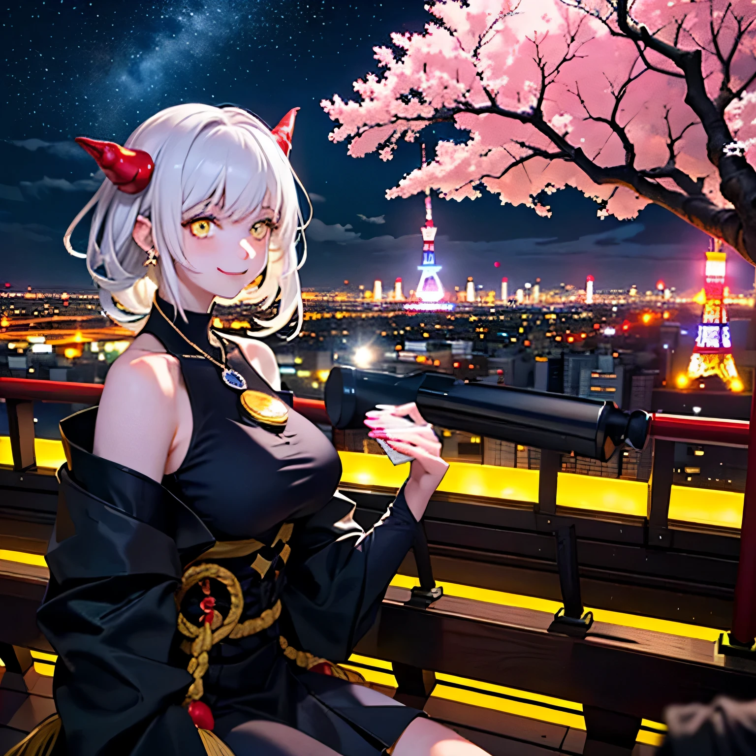 1girl, solo, smile, medium breasts, bare shoulders, jewelry, white hair, yellow eyes, clothing cutout, necklace, horn, (from above:0.8), depth of field, cute ,solo,solo focus,feel happy,graduate,(Cherry blossom:1.1),sakura, (In spring, a girl sits on an observation deck on a hillside far from the city looking out over the city at night,The city shines with neon in the distance and the tall Tokyo Tower towers over the city:1.25),Lighting,starry sky, cloudy sky, cloud, (full moon:0.7), 