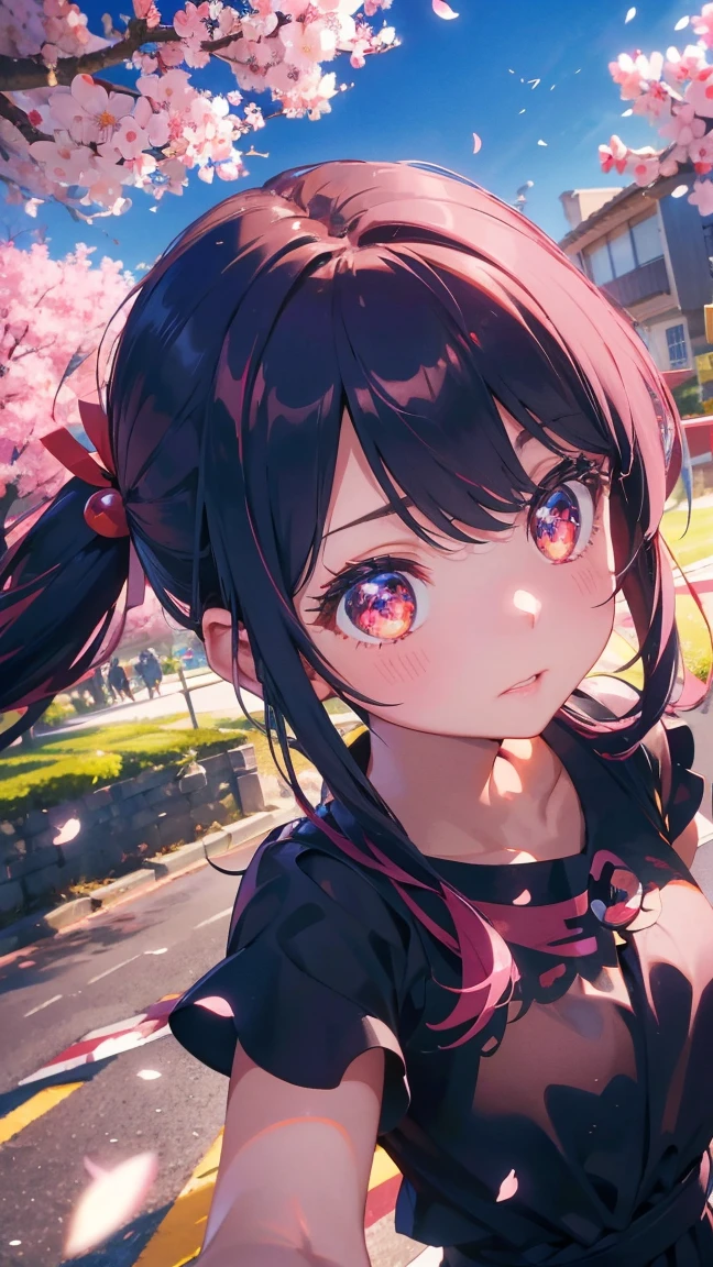 1 anime girl, alone,Black petals flutter, A mysteriously shining butterfly.city,bright pink hair,red gem eyes,long twin tails,thin legs,very clear,highest quality,辺り一面のcherry blossoms,都city,cherry blossoms,cherry blossomsミク,beautiful morning,Asahi,close up face,Sunny,jumping,whole body