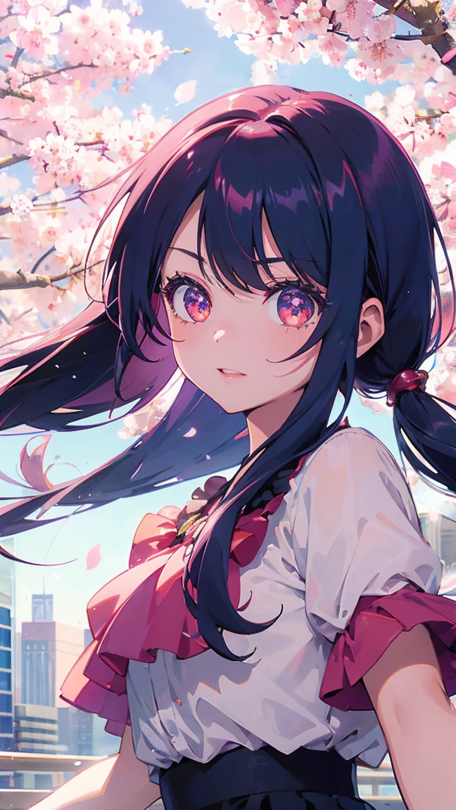 1 anime girl, alone,Black petals flutter, A mysteriously shining butterfly.city,bright pink hair,red gem eyes,long twin tails,thin legs,very clear,highest quality,辺り一面のcherry blossoms,都city,cherry blossoms,cherry blossomsミク,beautiful morning,Asahi,close up face,Sunny,jumping,whole body