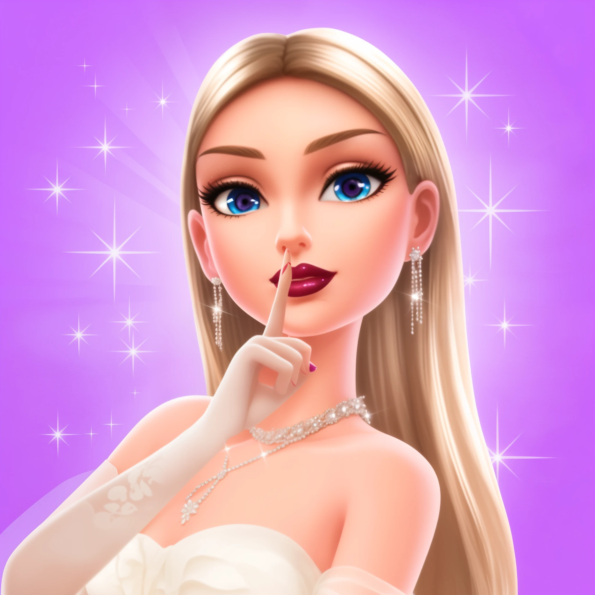 barbie doll with finger on lips and finger on lips, stunning art style, my dress-up darling, elegant photorealistic, digital art of an elegant, cute elegant pose, wearing fantasy formal clothing, glam photo, elegant glamor pose, elegant girl, close up high detailed, mysterious glamour, cartoon style illustration, fantasy fairytale story, doing an elegant pose