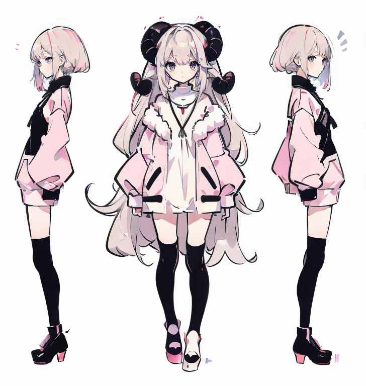 (Character Design),(Character Designシート),daughter，stylish hairstyle，Mean Eye Aximalism，soft color changes，Refreshing and delicate，solid color background， girl，sheep&#39;Horn, long gray hair, red eyes ，eyeliner, Wearing cute pajamas、Soft and fluffy beds、Pink and pastel colors，blonde，red lips，act cute，