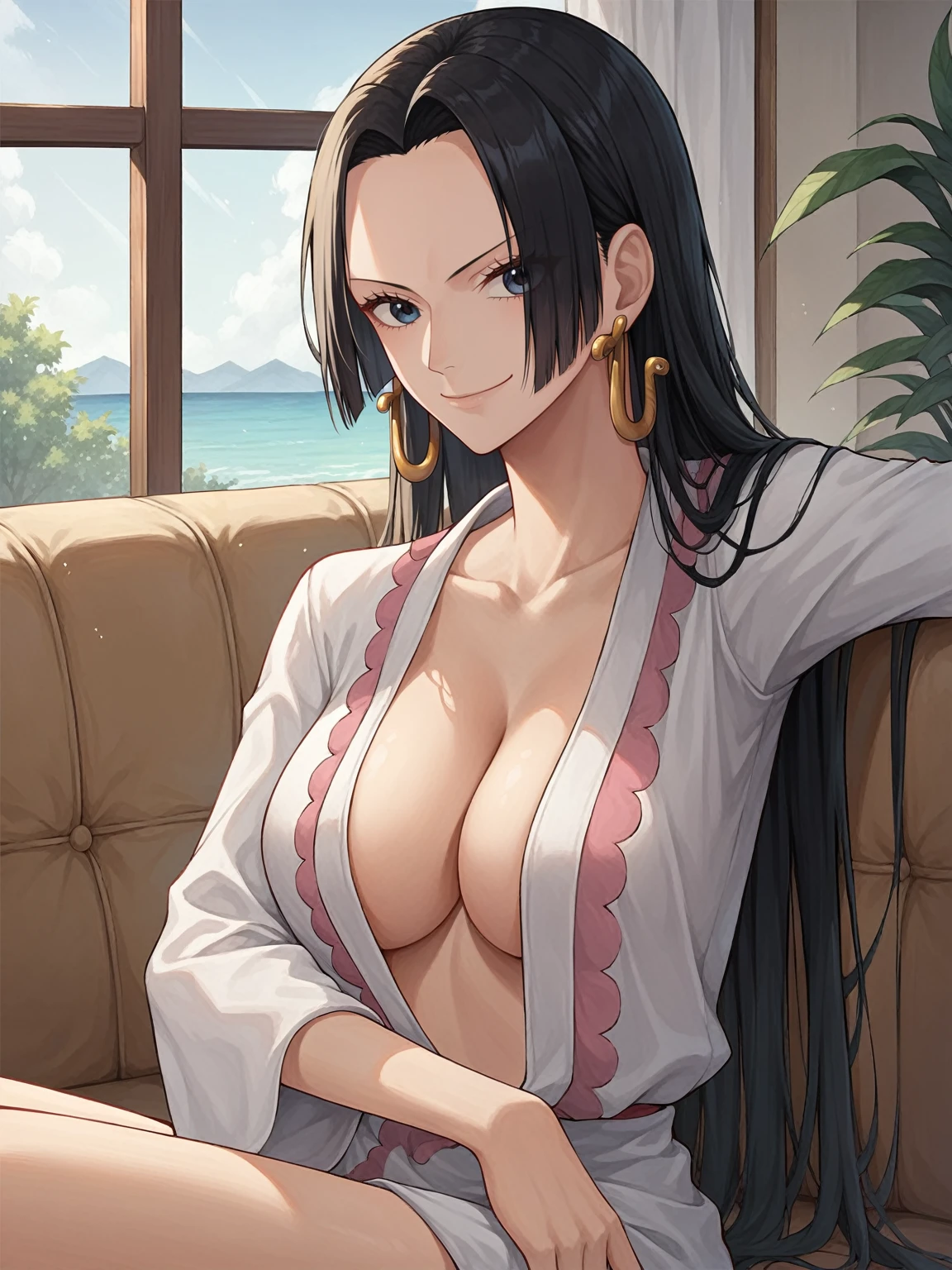 source_anime,score_9,score_8_up, score_7_up, score_6_up, by shexyo, shexyo, shexyo(artist), 1girl,solo,outdoors,one piece, boa hancock, couch, indoors, seductive,, face closeup, ((closed mouth, smirk