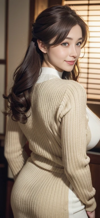 (masterpiece:1.3), (8K, Photoreal, RAW photo, best image quality: 1.4), Beautiful Japanese Mother、(random hairstyle:1.2)、cleavage:1.2、big breasts、super detail face、eye for details、double eyelid、Big eyes、chest to chest、sharp focus:1.2、cute woman:1.4、light brown hair、highest quality、masterpiece、超A high resolution、(Photoreal:1.4)、Highly detailed and professionally lit smiles、Knitted sweater、back view