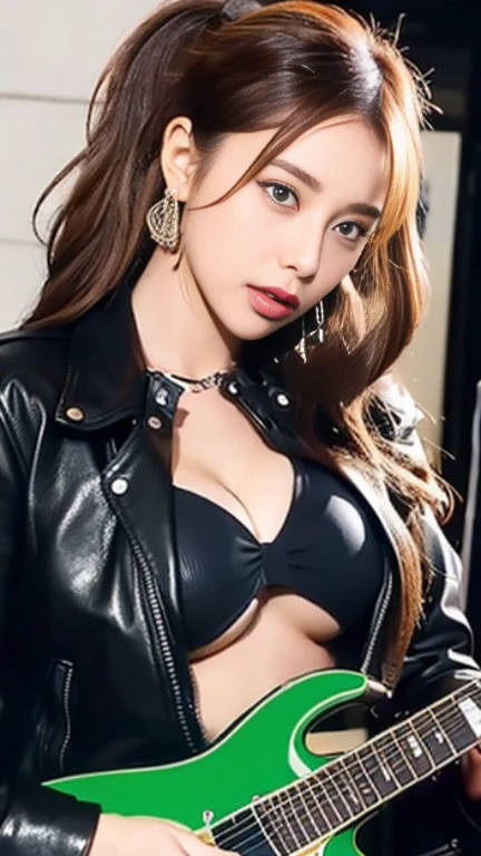 ((big boobs:1.3))1 girl, alone, face, portrait, long hair, ponytail, blonde hair, green eyes, big breasts, (Black leather jacket:1.2) , cleavage, live house,blush, looking at the viewer, (((playing the guitar)))