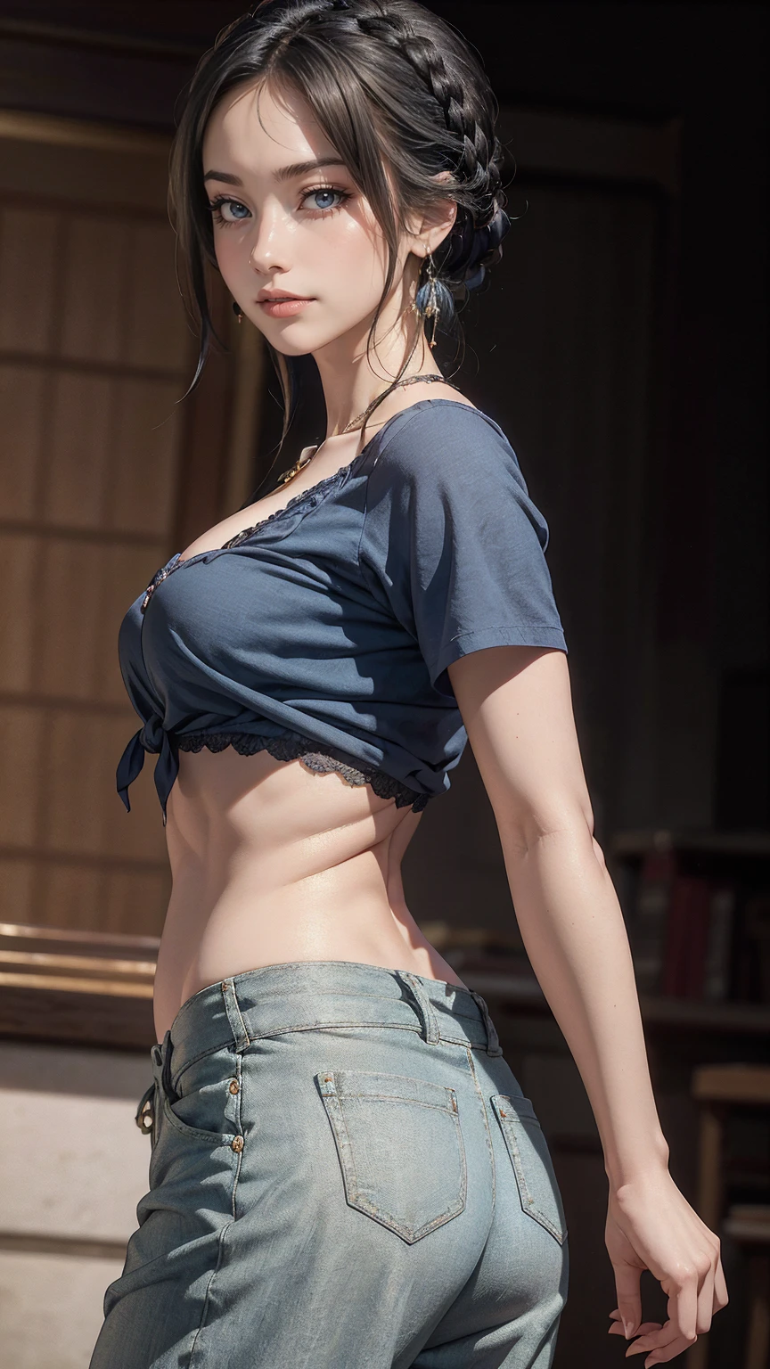 (8K, RAW photo, highest quality, masterpiece:1.2), (realistic, photo-realistic:1.37)、26 year old white woman、hair is black、Eye color is indigo、long hair、I braid it lightly、Slender but well-proportioned muscular body、setting hair、I&#39;m punching my chest、accessories on the ankle、smile、I&#39;m wearing a hair band、wearing a tie front shirt、My abs are cracked、I can see my bellybutton、She is wearing a dark blue low-rise micro-mini length pleated skirt.、turn your butt towards me、Never wear pants、Low - Angle