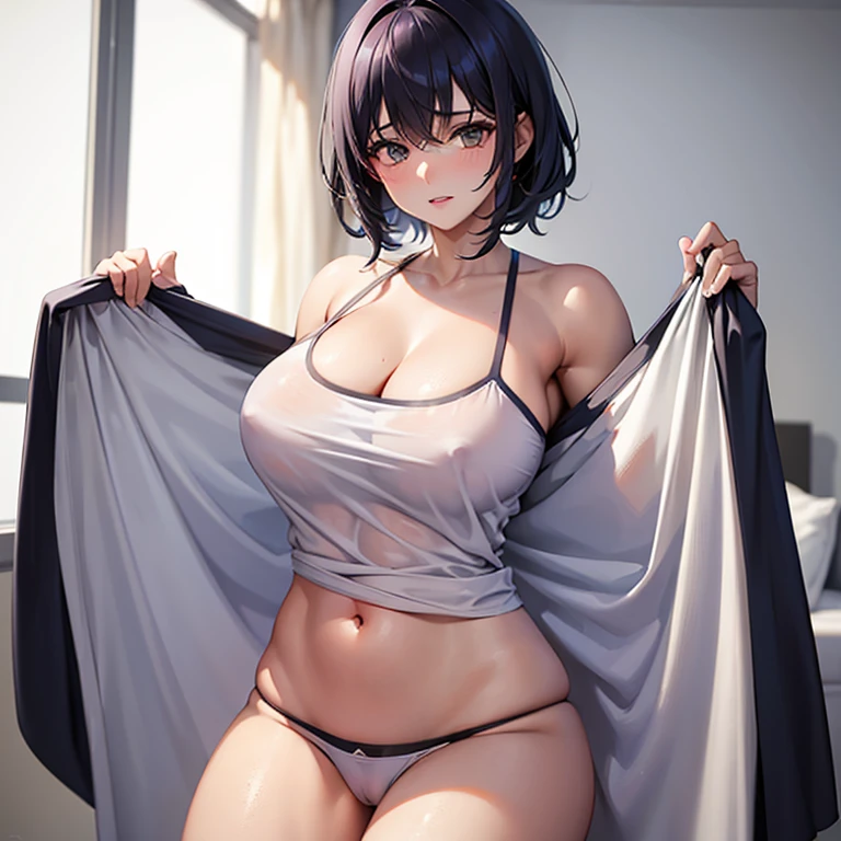 Mujer tomboy, showing her  through her pajamas, with big muscles