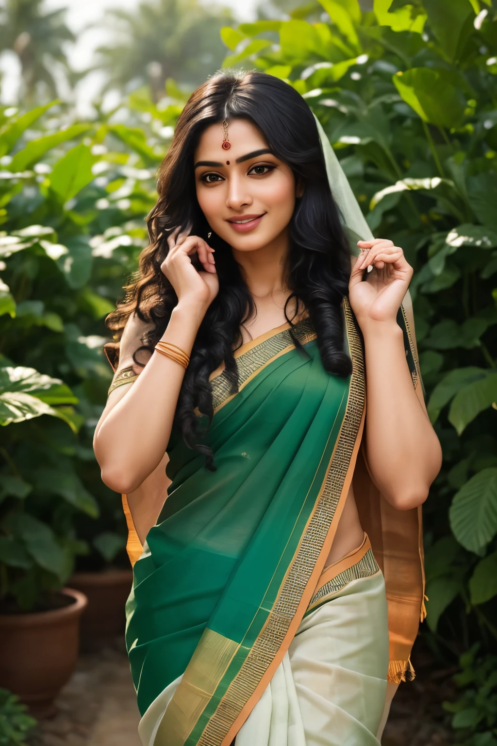 new realistic Indian woman, solo, (Long black curly hair), ((Detailed face:1.2)), ((intricately detailed facial features)), (finely textured skin), (Fair complexion), ((Wrapped in a traditional saree:1.3)), (Lush green garden environment), (Walking gracefully), ((Realistic, Super realistic, Realism, realistic detail)), ((Perfect Anatomy:1.3)), (perfectly proportions), (Bokeh), (depth of fields), (Hyper Sharp Image), (Attractive emotions, Serene smile:1.2), (Four fingers and a thumb), (Perfect human hands), (Nat