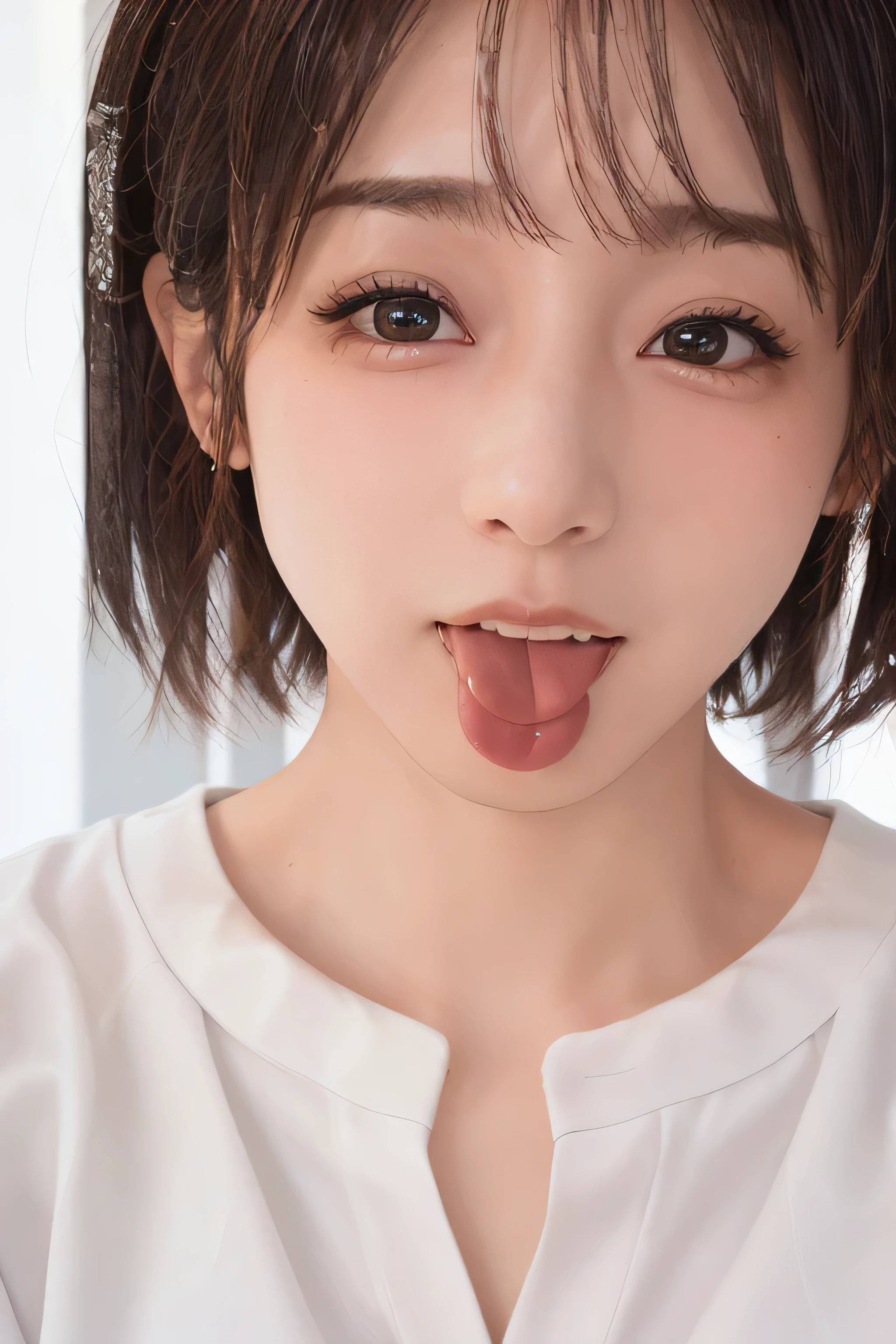 (masterpiece, highest quality, 8K, super dense skin, highly detailed eyes, highly detailed eyes, super detailed nose:1.4), 1 girl,  brown eyes、above the neck、breast enhancement、JK uniform, wearing japanese , japanese girl uniform, japanese , wearing, wearing , (((ＢCup Chest)))、(((I&#39;thin)))、cute woman 24 years old、 (((small breasts)))、(((thin)))、(((8 life size)))、girl in uniform, magic , seifuku, cute high school girl, hyperrealistic , a hyperrealistic , realistic , magic 、((((tongue licking)))、cute female teenager