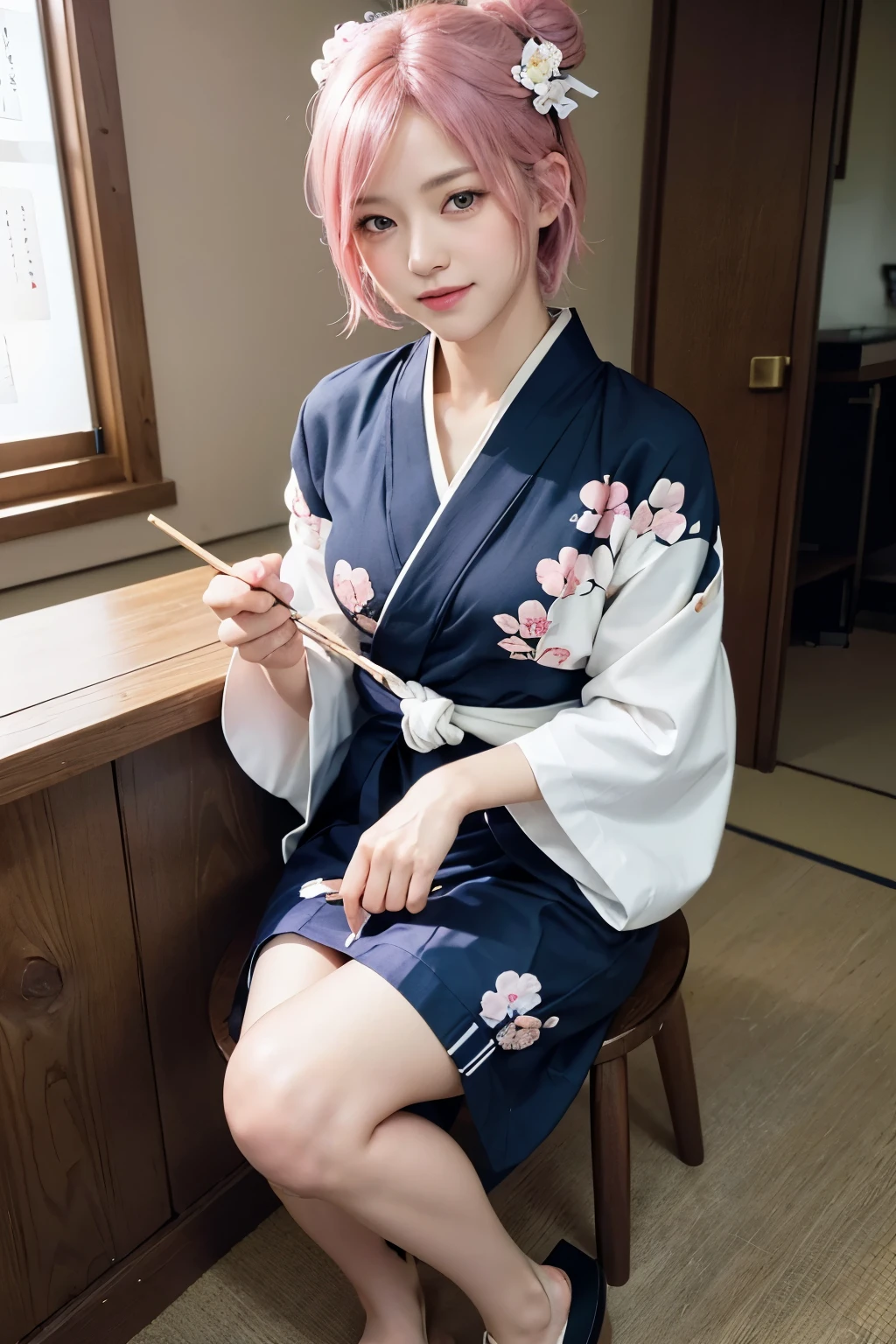 (8K, highest quality, masterpiece:1,2), (realistic, Photoreal:1.37), Super detailed, one girl,), (very detailed), (detailed and beautiful eyes), (highest qualityの), (Super detailed ), (masterpiece), (detailed face),20-year-old, ,1 girl, ((pink hair,very short hair)), medium breasts, dressed, perfect lighting, break (navy blue haori:1.3), (white collar:1.2), (three quarter sleeves:1.2), (white kimono:1.4), (nature motif pattern:1.2), (navy blue hakama:1.3), (Ankle length:1.2), (The hem is not too wide either、:1.2), (white obi:1.4), (simple knot:1.2), (white foot bag:1.2), (Black geta:1.2), (low height:1.2), (Easy to walk:1.2), (bun hair:1.2), (hair ornaments:1.2), (flowers and pieces of paper:1.2), break bun hair, flowers and pieces of paper hair ornaments, smile, friendly, looking at camera, hold soba with right hand, Holding chopsticks with left hand, Please do not put soup on the soba., In front of the soba shop counter, Wall with menu and photos, Natural light, Adding soft shadows to the face
