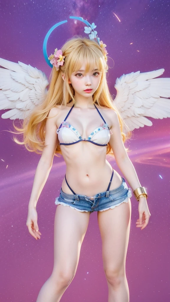 anime girl with angel wings and a flower in her hair, tall female angel, anime goddess, full - body majestic angel, made with anime painter studio, anime vtuber full body model, anime styled 3d, render of april, beautiful alluring anime teen, stylized anime, angel girl, anime stylized, smooth anime cg art, anime barbie in white stockings, realistic