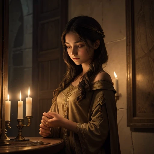 (((full medium shot))), (Masterpiece, photorealistic, photorealism, best quality, ultra-detailed:1.3), (nice hands, perfect hands), official art, cinematic light, (1girl:1.3), adult, In the velvety cloak of night, candlelit chamber was transformed into a sanctuary of secrets. Her chestnut curls cascaded around her shoulders, framing a face alight with curiosity and wonder. Illuminated by the flickering glow, she knelt beside an ancient parchment, its edges worn and frayed with age. As Girl traced the faded lines and intricate symbols with delicate fingertips, her eyes danced with excitement, reflecting the soft candlelight like pools of liquid amber. Shadows danced upon the walls, casting an ethereal glow upon the room and lending an air of mystique to the scene. The parchment seemed to pulse with a life of its own, whispering tales of bygone eras and lost civilizations. Girl's breath caught in her throat as she deciphered the cryptic markings, each revelation sending a shiver of anticipation down her spine. In that solitary moment, bathed in the soft radiance of candlelight, Girl felt a profound connection to the mysteries of the past. With the ancient map cradled in her hands, she embarked on a journey that would lead her beyond the confines of her humble abode and into the realms of legend and lore