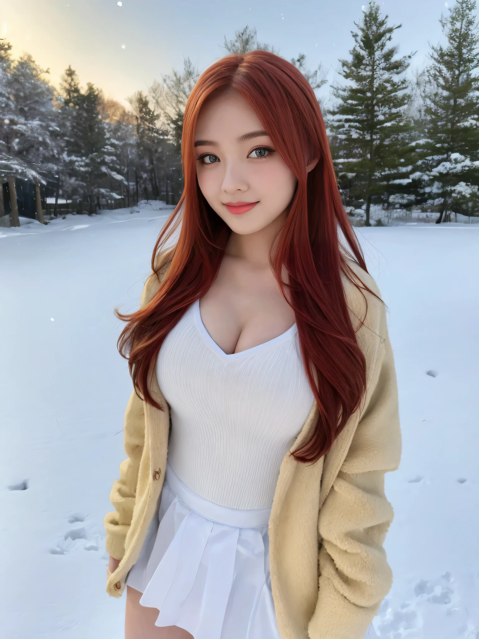 (masterpiece:1.2,highest quality),Photographed with an ultra-wide-angle lens,blur the background, Snowing background,1 High school girl,emphasizes the chest,(medium breasts),Cute ,red hair,detailed and beautiful eyes,blushing face,healthy skin,looking at the viewer,smile,(resort scenery),8K resolution, seductive V neck winter jacket