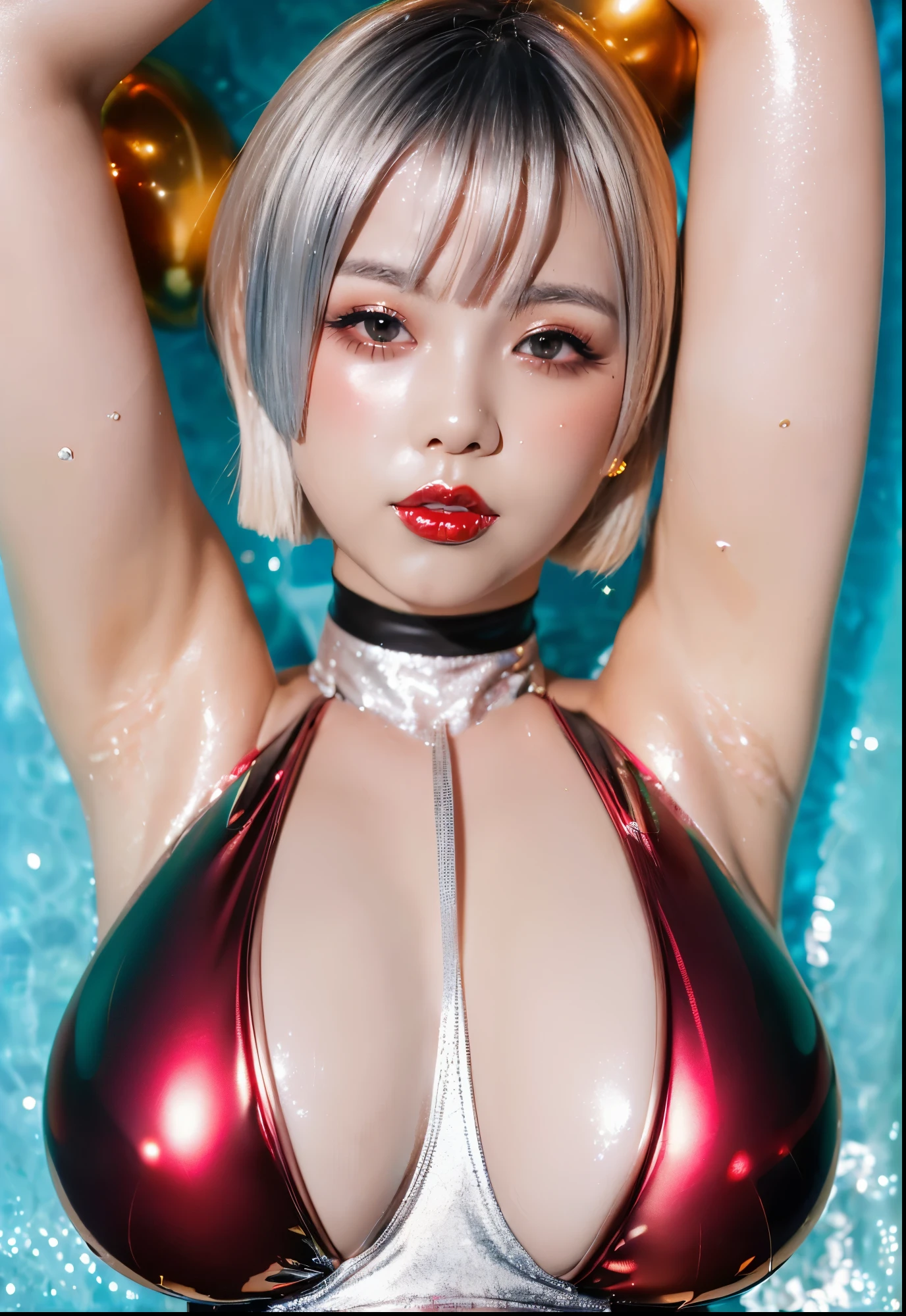 ((japanese idol))　18-year-old　(Blonde short hair with bangs)　((Smokey makeup dark makeup with black eyeshadow))　plump cheeks　((Bright red rouge plump lips))　big breasts　Big eyes　cyberpunk pool　((Super shiny silver metallic swimsuit))　fat body　 masterpiece　8K　Drawn from below　((Body shiny with sweat))　((Glowing, radiant face and skin))　((Glittering armpits))　　Shiny face　Dirty makeup　plump woman