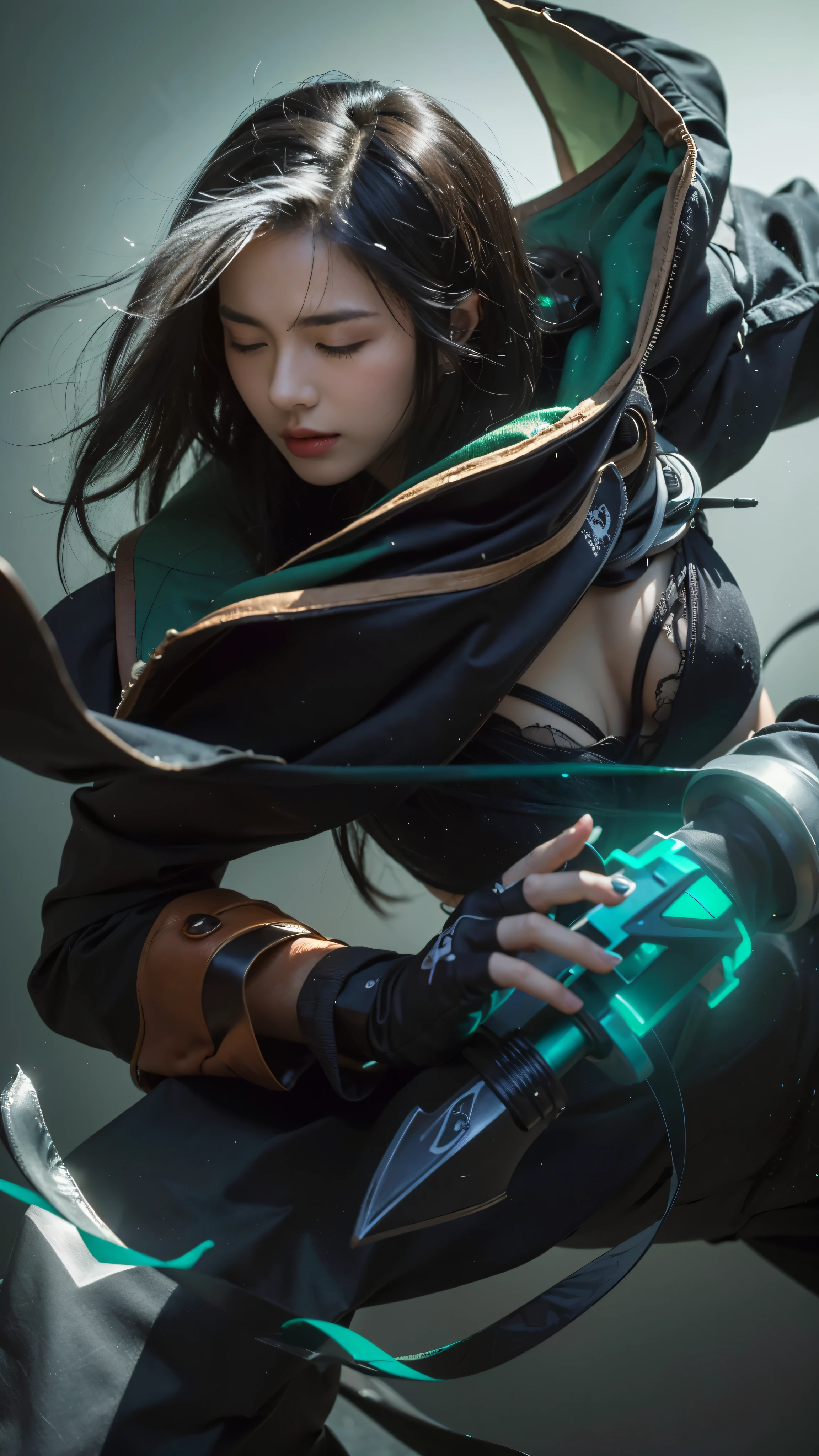 (best quality,highres,masterpiece:1.2),ultra-detailed,(realistic,photorealistic,photo-realistic:1.37),portrait,woman,holding katana,green light in hand,closed eyes,black hair,beautiful face,gorgeous face,black and white hair[monochrome],sharp focus,vivid colors