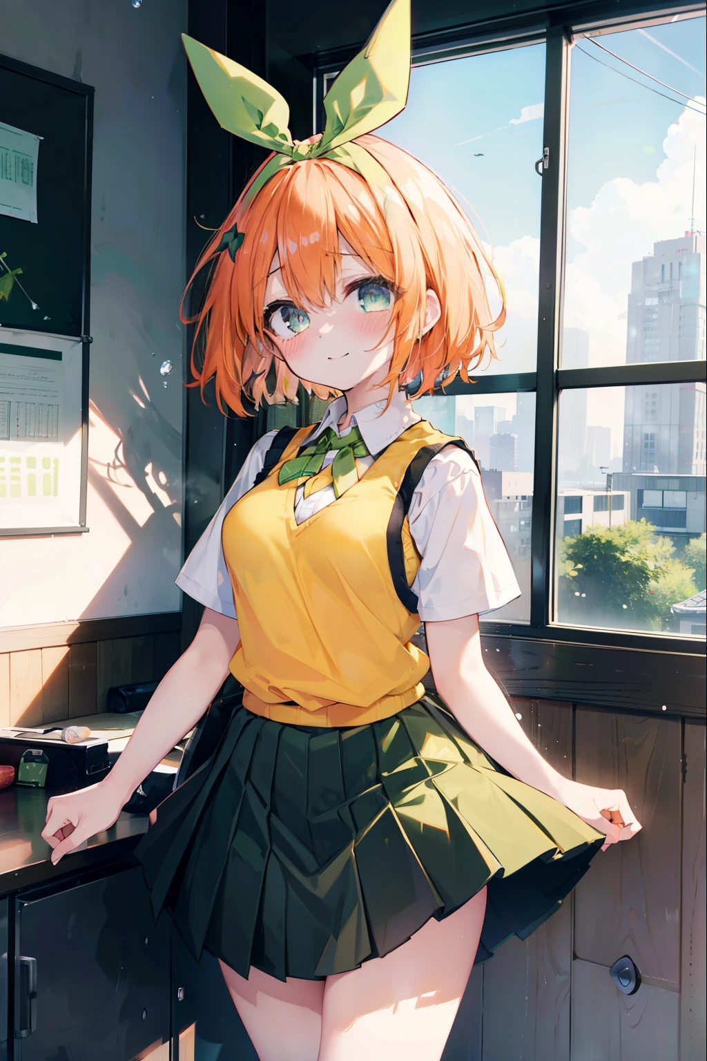 yotsubanakano, yotsuba nakano, bangs, short hair, blue eyes, hair between eyes, hair ribbon, hair band, orange hair, (green ribbon:1.5), smile,tears run down her face,Crying with joy,blush,smile, 
Mikan Yuki skirt, shirt, bow, ribbon, , white shirt, short sleeve, pleated skirt, shoes, shoes下, collared shirt, mini skirt, bowtie, black footwear, knee high, green skirt, black shoes下, loafers, green bow, sweater vest, green ribbon, (yellow sweater vest:1.5),window　building street,evening,sunset,
break indoors, classroom,
break looking at viewer, (cowboy shot:1.5),
break (masterpiece:1.2), highest quality, High resolution, unity 8k wallpaper, (figure:0.8), (detailed and beautiful eyes:1.6), highly detailed face, perfect lighting, Very detailed CG, (perfect hands, perfect anatomy),