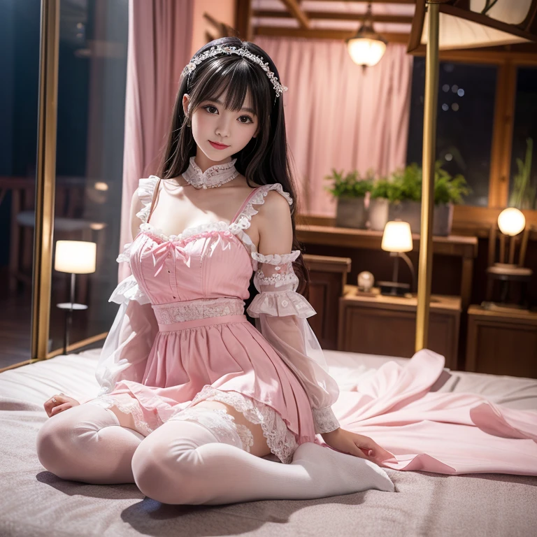 best quality, masterpiece, lifelike, 1 girl, alone, eternal, black hair, Long curly hair, blunt bangs, Smile, pink skirt, pink lolita dress, layered skirt, Lolita style long skirt,分層連衣裙 lace-trimmed 裙子, decorate, lace, long sleeve, puff sleeves, wide sleeves, Transparent sleeves, hair accessories, 在flower园里, flower, Detailed background,  delicate face，pink blush，White knee-length socks, Pink shoes，cold，Lots of lace，((​masterpiece))、(top quality)、8K、high detail、super detailed、 21 years old female，穿着pink lolita dress((dreamy atmosphere:1.1))、Seductive and whimsical style、​masterpiece、born、Scenes resembling fairy tale illustrations、Intricate details showcase the ruffles and intricate designs of the Lolita dress、magic、capricious、 beautifully、Dream aesthetics、「𝓡𝓸𝓶𝓪𝓷𝓽𝓲𝓬、ethereal、charming、fickle、magic」、realism、Visual effect、FXAA、SSAO、shader、voiceless、ambient lighting、Tone mapping、High resolution、ultra high definition、megapixel、(8K resolution:1.10)、8K、8K resolution、high detail、intricate details、 (high quality:1.2、​masterpiece:1.2、:1.21)、(21 years old female:1.21)、(興奮地Smile)、(Surrounded by the dreamy atmosphere of an amusement par色洛丽塔连衣裙、Her eyes were full of surprise and joy、I took a lot of geek photos、High heel、Model diagram，full-body shot，Knee-high 白色的 lace socks,Sweet Lolita，Normal 2 feet，Pink shoes，Baotou shoes，full-body shot，Don't show your fingers，Emphasize the volume of the skirt，exposed，huge breasts，White panties,The skirt flew up，spread your legs，low cut，Expose panties，Puffy Skirt，hair accessories，big skirt dress