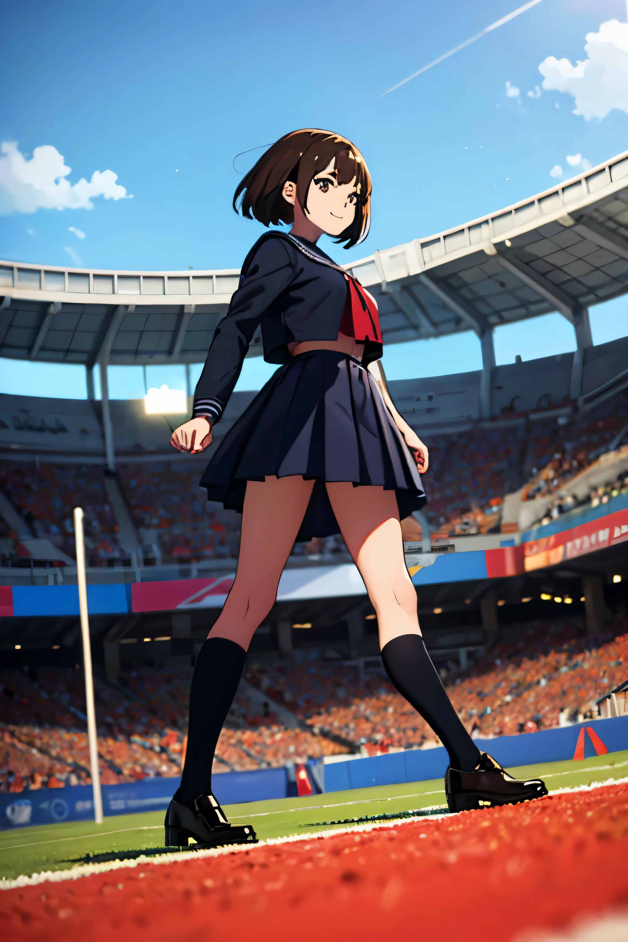 wearing ,sailor suit,dark blue clothes,Stand and cross your arms,black knee socks,Wearing brown leather shoes,Shiny leather shoes,whole body,ball,smile,soccer field,Grass background,(perspective from below)