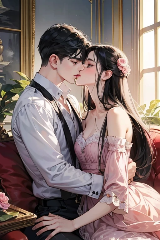 (table top, digital art, digital illustration, 4k, 8K, Super detailed, beautiful images, clear image, realistic, Raw photo, perfect face, perfect lines, perfect eyes, soft lighting) 1 female, (long black hair,straight hair,bullish look,beautiful woman,grace,mode ,one piece、solid makeup,23 is a novel,small breasts:1.3),スーツ姿のハンサムなhuman性2人, (human,human性はスーツ姿,muscular,solid shoulder width, humanの,boyish hairstyle,british gentleman's style,クールな表情の30代human性,明るい笑顔の28歳human性:1.2),antique furniture,antique clamp,antique chair,chandelier,crystal glass,luxury,fantastic light,marble fireplace,(embarrassing,shy smile,bouquet of pink roses:1.2),antique sofa,Leather sofa,crying face,I cry with frustration,beautiful tears、the kiss、kiss、couple、couple kissing、romance、Furry、