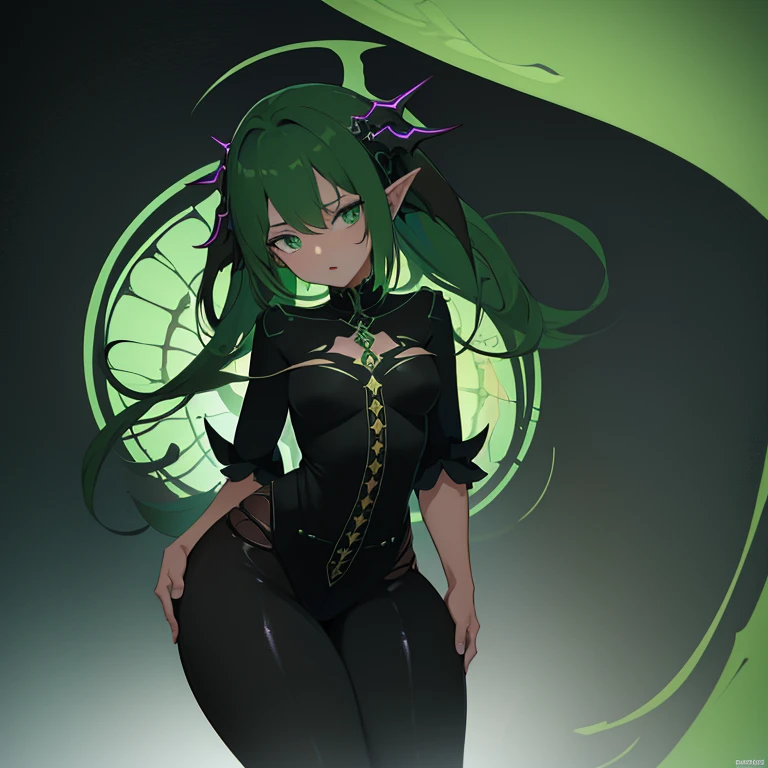 a cartoon drawing of a woman with green hair and black pants, eldritch goddess, colorful muscular eldritch, monstergirl, eldritch color scheme, holy cyborg necromancer girl, green colored skin!!, long haired humanoid fursona, dark fae, anime monster girl, evil aura, eldritch being, nude, gigantic thighs, gigantic butt, humongous hips, miniscule waist, small breasts 