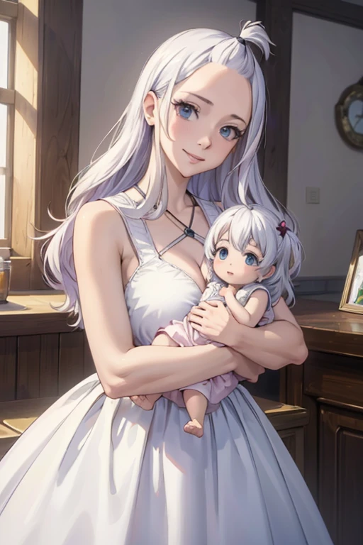 (best quality,4k,8k,highres,masterpiece:1.2),ultra-detailed,realistic,photorealistic:1.37, Mirajane Strauss with a beautiful smile wearing a simple white dress and holding a  girl 