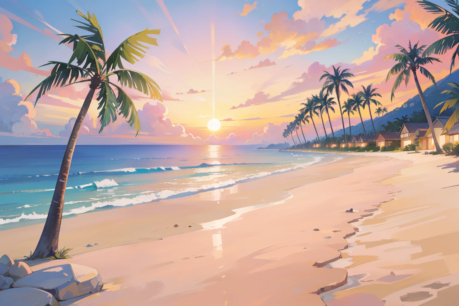 (masterpiece), highest quality, ultra high resolution, beautiful scenery, detailed scenery, (Warm pastel colors), beach, colorful beach, Pink sand, Palm tree, Ocean, sunset