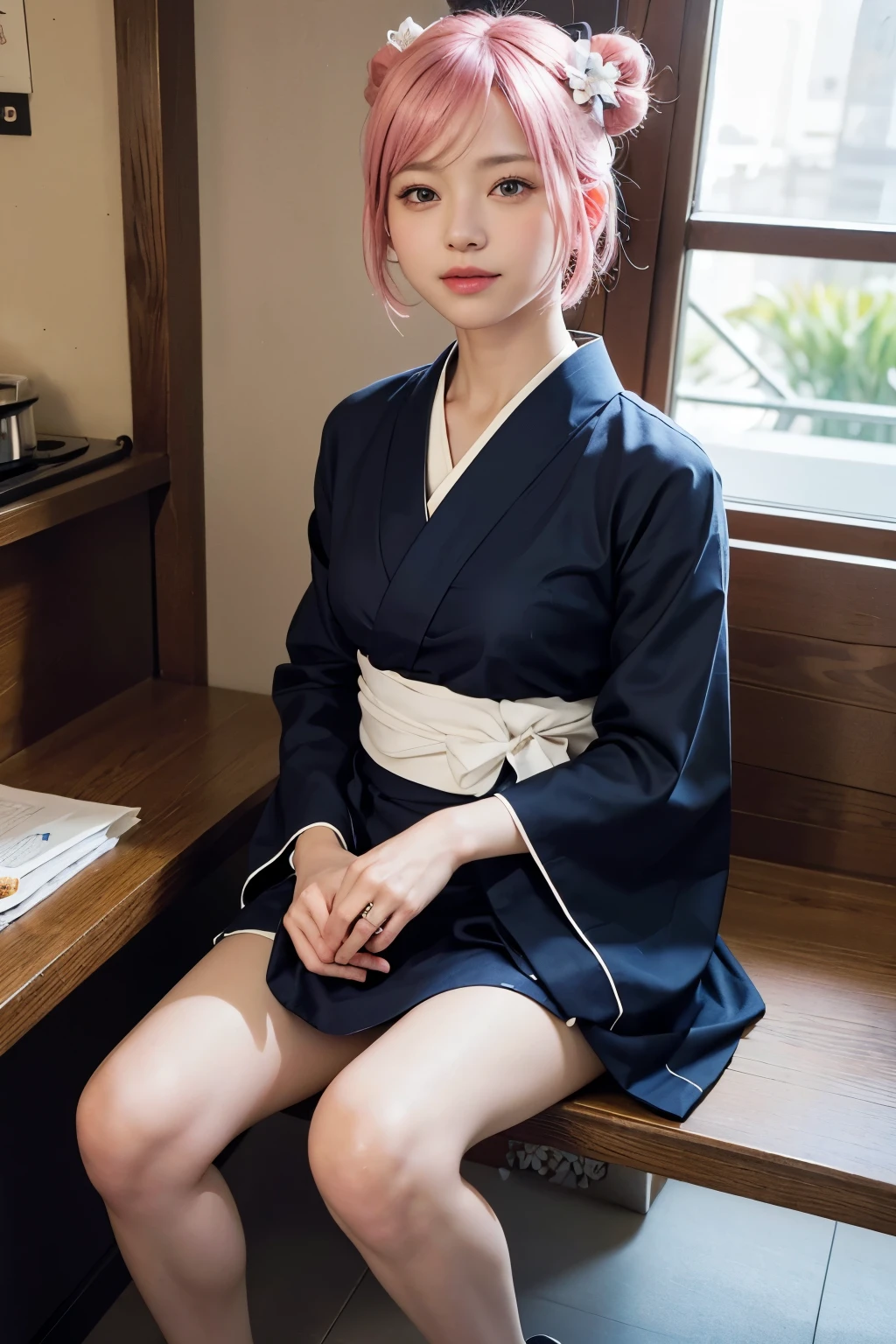 (8K, highest quality, masterpiece:1,2), (realistic, Photoreal:1.37), Super detailed, one girl,), (very detailed), (detailed and beautiful eyes), (highest qualityの), (Super detailed ), (masterpiece), (detailed face),20-year-old, ,1 girl, ((pink hair,very short hair)), medium breasts, dressed, perfect lighting, break (navy blue haori:1.3), (white collar:1.2), (three quarter sleeves:1.2), (white kimono:1.4), (nature motif pattern:1.2), (navy blue hakama:1.3), (Ankle length:1.2), (The hem is not too wide either、:1.2), (white obi:1.4), (simple knot:1.2), (white foot bag:1.2), (Black geta:1.2), (low height:1.2), (Easy to walk:1.2), (bun hair:1.2), (hair ornaments:1.2), (flowers and pieces of paper:1.2), break bun hair, flowers and pieces of paper hair ornaments, smile, friendly, looking at camera, hold soba with right hand, Holding chopsticks with left hand, Please do not put soup on the soba., In front of the soba shop counter, Wall with menu and photos, Natural light, Adding soft shadows to the face