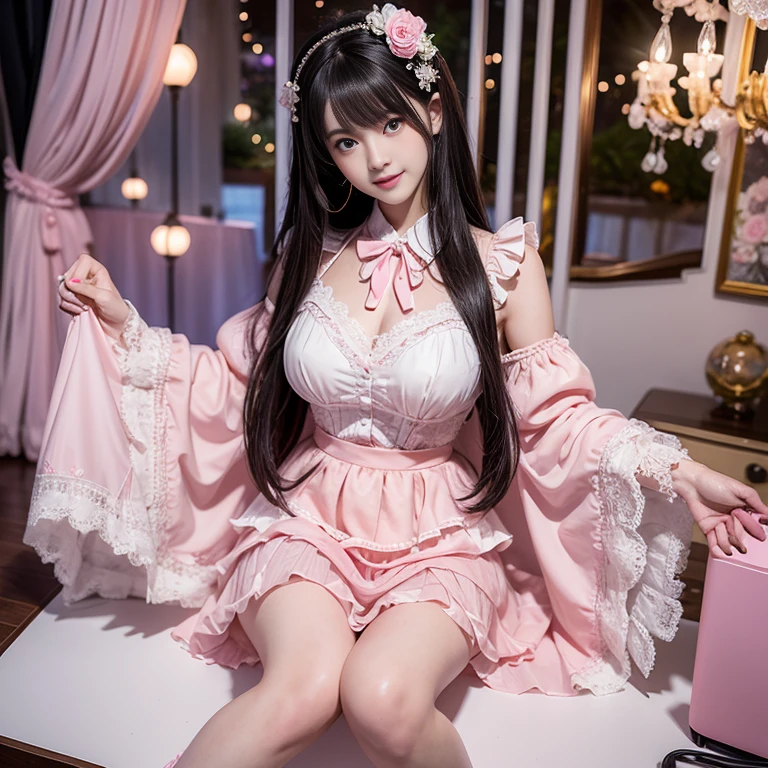 best quality, masterpiece, lifelike, 1 girl, alone, eternal, black hair, Long curly hair, blunt bangs, Smile, pink skirt, pink lolita dress, layered skirt, Lolita style long skirt,分層連衣裙 lace-trimmed 裙子, decorate, lace, long sleeve, puff sleeves, wide sleeves, Transparent sleeves, hair accessories, 在flower园里, flower, Detailed background,  delicate face，pink blush，white及膝襪, Pink shoes，cold，Lots of lace，((​masterpiece))、(top quality)、8K、high detail、super detailed、 21 years old female，穿着pink lolita dress((dreamy atmosphere:1.1))、Seductive and whimsical style、​masterpiece、born、Scenes resembling fairy tale illustrations、intricate details展示了洛丽塔礼服的荷叶边和复杂的设计、capricious、 beautifully、Dream aesthetics、「𝓡𝓸𝓶𝓪𝓷𝓽𝓲𝓬、ethereal、charming、fickle、magic」、realism、Visual effects、FXAA、SSAO、shader、voiceless、environmental lighting、Tone mapping、High resolution、ultra high definition、megapixel、(8K resolution:1.10)、8K、8K resolution、high detail、intricate details、 (high quality:1.2、​masterpiece:1.2、:1.21)、(21 years old female:1.21)、(興奮地Smile)、(Surrounded by the dreamy atmosphere of an amusement par色洛丽塔连衣裙、Her eyes were full of surprise and joy、I took a lot of geek photos、High heel、Model diagram，full-body shot，Knee-high white的 lace socks,Sweet Lolita，Normal 2 feet，Pink shoes，Baotou shoes，full-body shot，不要exposed你的手指，Emphasize the volume of the skirt，exposed，huge breasts，white,The skirt flew up，spread your legs，low cut，exposed，hair accessories，big skirt dress，If you shoot diagonally upward, you can see my underwear，standing