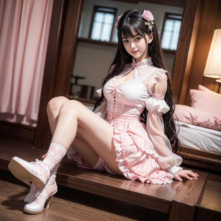 best quality, masterpiece, lifelike, 1 girl, alone, eternal, black hair, Long curly hair, blunt bangs, Smile, pink skirt, pink lolita dress, layered skirt, Lolita style long skirt,分層連衣裙 lace-trimmed 裙子, decorate, lace, long sleeve, puff sleeves, wide sleeves, Transparent sleeves, hair accessories, 在flower园里, flower, Detailed background, delicate face,pink blush,White knee-length socks, Pink shoes,cold,Lots of lace,((masterpiece))、(top quality)、8K、high detail、super detailed、 21 years old female,穿着pink lolita dress((dreamy atmosphere:1.1))、Seductive and whimsical style、masterpiece、born、Scenes resembling fairy tale illustrations、Intricate details showcase the ruffles and intricate designs of the Lolita dress、magic、capricious、 beautifully、Dream aesthetics、「𝓡𝓸𝓶𝓪𝓷𝓽𝓲𝓬、ethereal、charming、fickle、magic」、realism、Visual effect、FXAA、SSAO、shader、voiceless、ambient lighting、Tone mapping、High resolution、ultra high definition、megapixel、(8K resolution:1.10)、8K、8K resolution、high detail、intricate details、 (high quality:1.2、masterpiece:1.2、:1.21)、(21 years old female:1.21)、(興奮地Smile)、(Surrounded by the dreamy atmosphere of an amusement par色洛丽塔连衣裙、Her eyes were full of surprise and joy、I took a lot of geek photos、High heel、Model diagram,full-body shot,Knee-high 白色的 lace socks,Sweet Lolita,Normal 2 feet,Pink shoes,Baotou shoes,full-body shot,Don't show your fingers,Emphasize the volume of the skirt,exposed,huge breasts,White panties,The skirt flew up,spread your legs,low cut,Expose panties,Puffy Skirt,hair accessories,big skirt dress