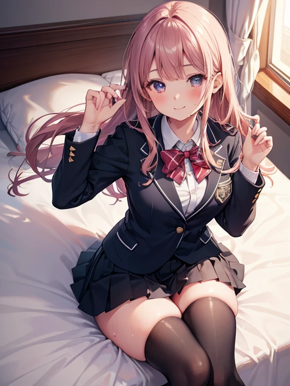 (8K), (highest quality: 1.2), (realistic), (realistic: 1.37), ultra high resolution, 1 girl, cute, smile, closed mouth, beautiful details, beautiful nose, wet hair, giant dulcefo, pork, thighs,Self snap,University Student Uniform,simple blazer,pleated skirt,Are standing,opaque tights,(8K), (highest quality: 1.2), (realistic), (realistic: 1.37), ultra high resolution, 1 girl, cute, smile, closed mouth, beautiful details, beautiful nose, wet hair, giant dulcefo, pork, thighs,Self snap,University Student Uniform,simple blazer,pleated skirt,opaque tights,bed,spread your legs ,skirt lift, From above