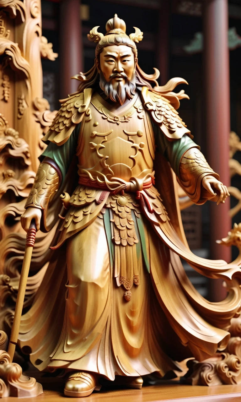 A woodcarving guan yu,golden,smooth surface,(full_Body),edge light,Wood grain background,playful illustrations,playful,dreamy imagery,Chinese style,Very detailed,art station,8K,soft light,soft contrast,incredible art,Wallop,type germ,broadsword，Statue of Guan Gong，Red face，Holding a moon knife，idol，Worshiped，fierce expression