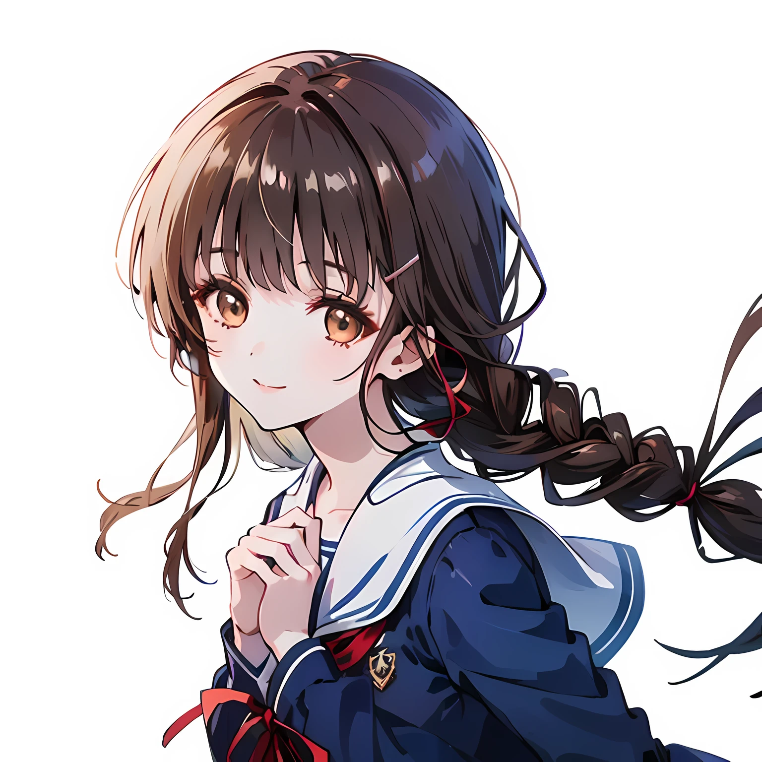 highest quality, (masterpiece:1.2), High resolution, perfect pixel, One long and so beautiful straight haired , , (((big very detailed beautiful dark brown eyes))), ((navy blue sailor suit)), ((chest、back、shoulder、sleeve、A winter sailor uniform with a navy blue skirt)), ((very lovely & large & wide ribbon barrette)), ((((very beautiful long straight straight hair)))), ((Blue ribbon on chest)), (((face up))), ((Smiling at the audience)), Very fun, Very happy, mouth is open, the long skirt is so cute, detailed fingers, modest chest, ((curled bangs)), ((Lip balm)), so beautiful, long eyelashes, ((セーラー服 is photo realistic)), (((Touching your hair with your hands))), ((Showing viewers the beauty of straight hair)), ((very big girly hair ribbons)), ((Impressive and very beautiful eyes)), (((shot from the side))), double eyelids