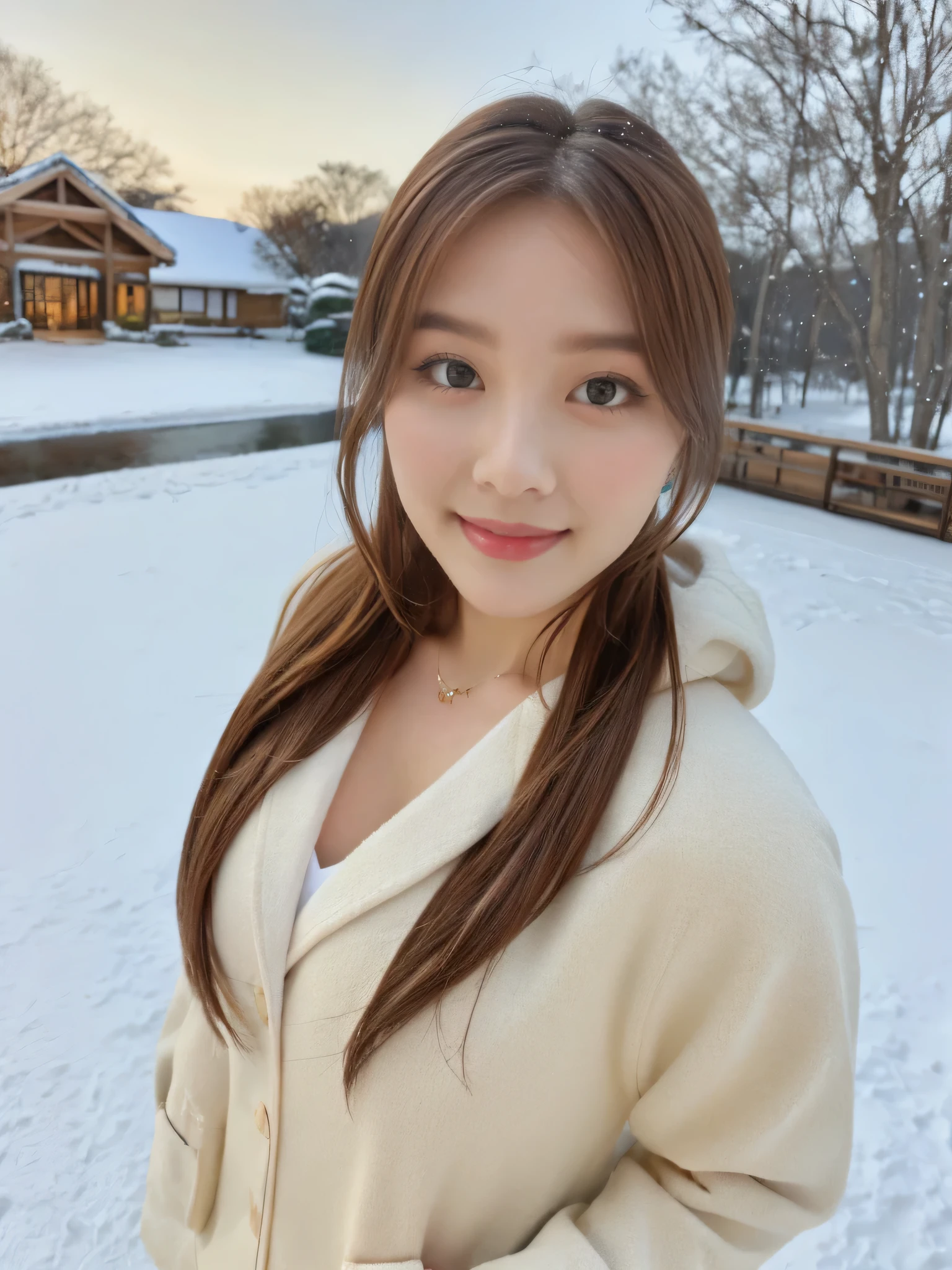 (masterpiece:1.2,highest quality),Photographed with an ultra-wide-angle lens,blur the background, Snowing background,1 High school girl,emphasizes the chest,(medium breasts),Cute  ,red brown hair,detailed and beautiful eyes,blushing face,healthy skin,looking at the viewer,smile,(resort scenery),8K resolution, seductive V neck winter jacket