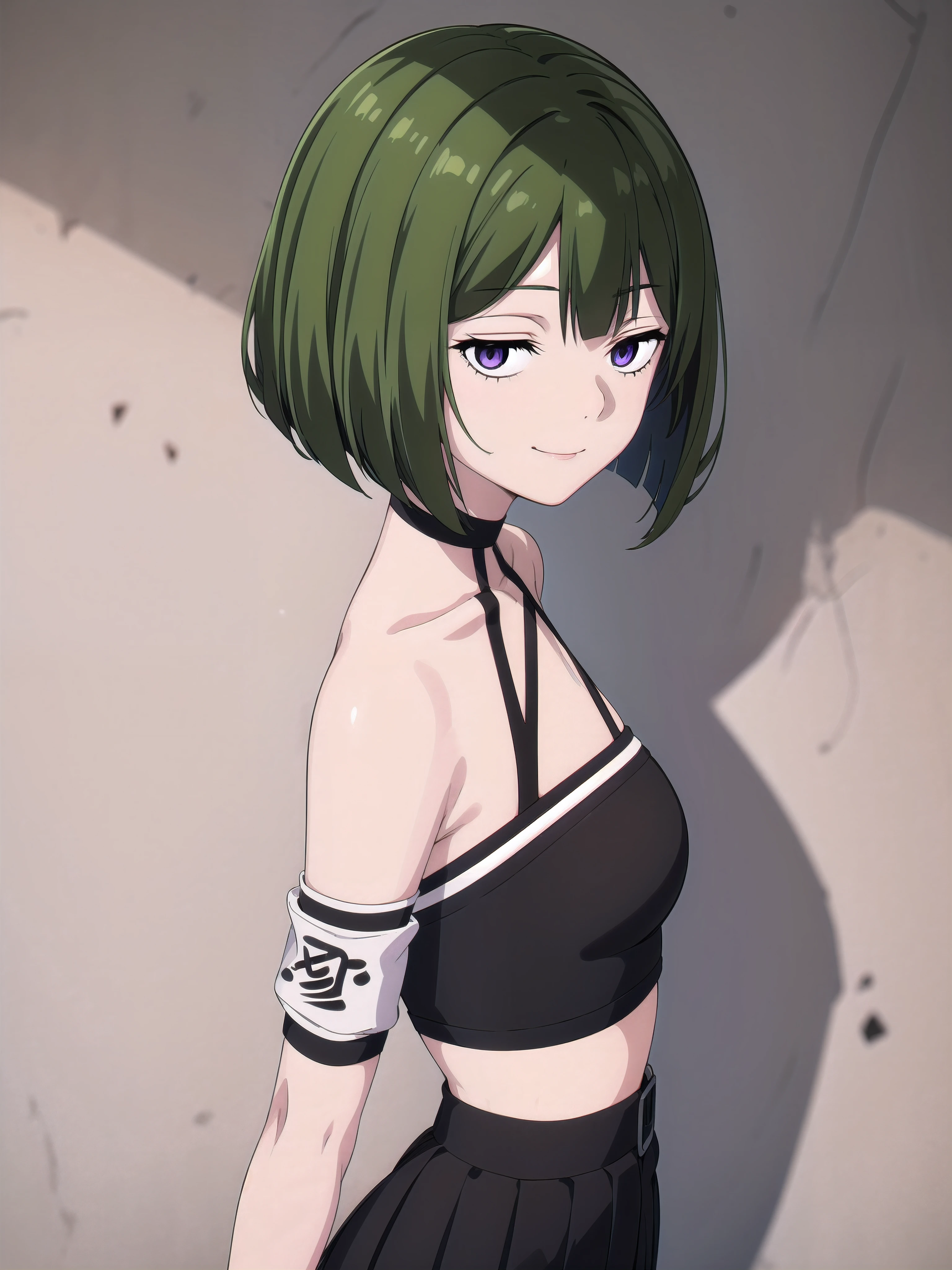 masterpiece, best quality, 1girl, solo, stylish crop top, smile, vibrant short green hair, bobhair, short-hair, short bob hair, (((bobcut))), bob haircut, very short bob cut, lip length hair, blunt ends, (sliced bob), buzzed nape ((haircut:1.3)), undercut, bobbed hair, minibob, sidecut, shaved, purple eyes, graduation bob, straight short hair, short hair above the ears, Shot diagonally from the side, elegant braid, soft bangs, upper body, alluring choker, (graffiti:1.5), artistic paint splatter, seductive arms behind back, leaning against wall, exposed back, fashionable armband, urban hiphop style, flirty skirt, playful head tilt, intense expression, warm orange, dynamic asymmetrical design, bold geometric shapes, creative street art